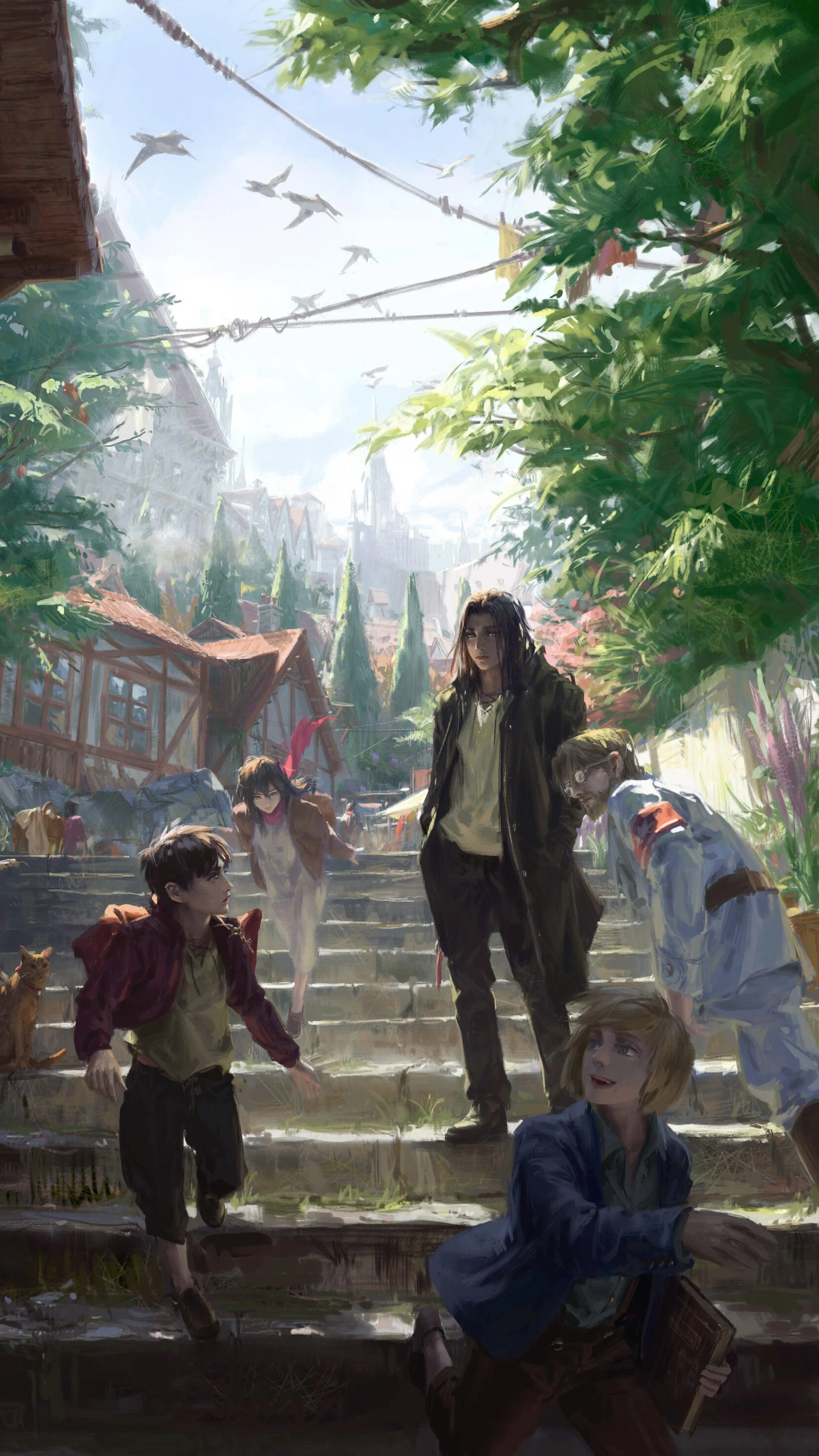 Quiet Marketplace Steps with People in Soft Evening Light