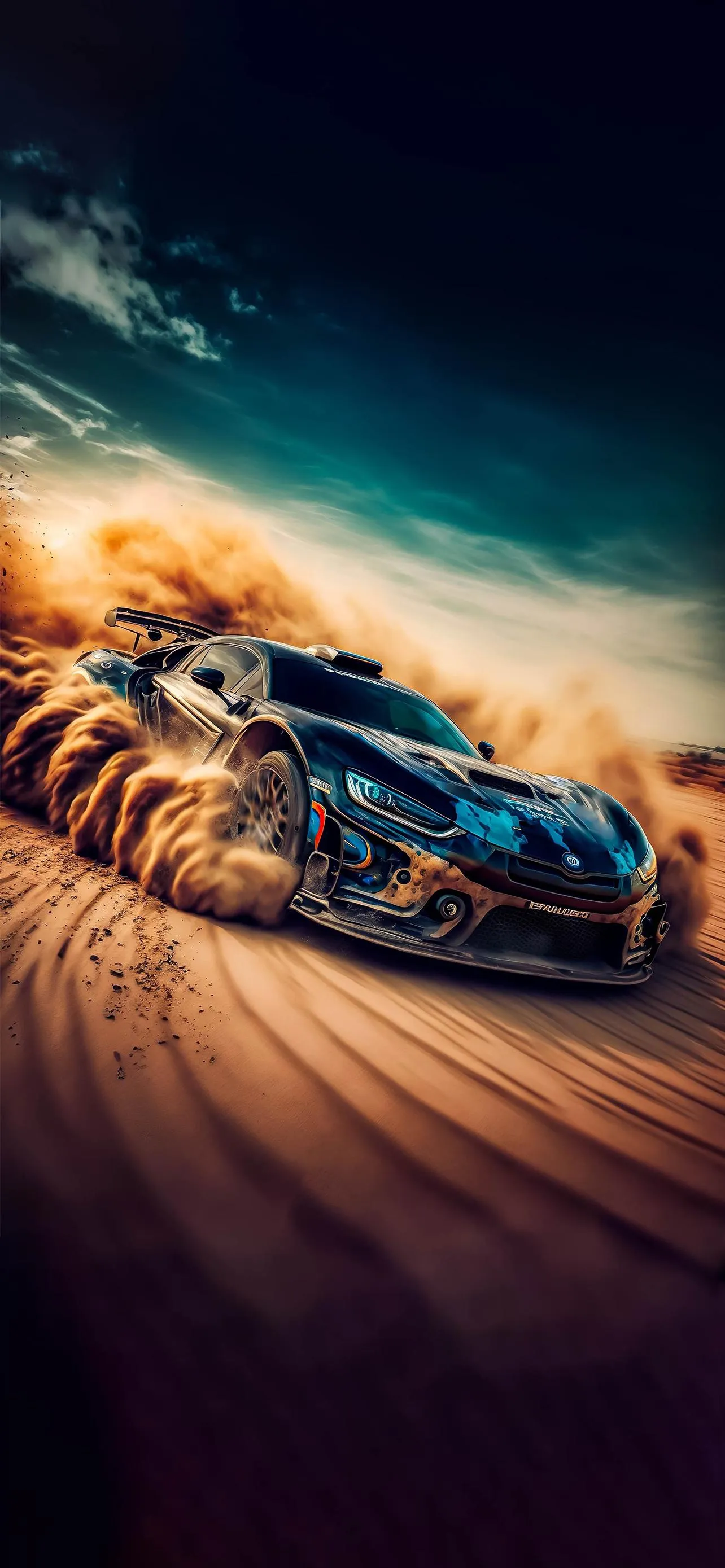 Racing Car Drifting on Sand in Desert Landscape Wallpaper