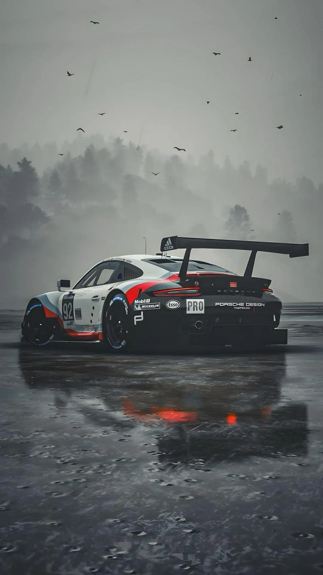 Racing Car in Rain on Wet Track Aesthetic Wallpaper