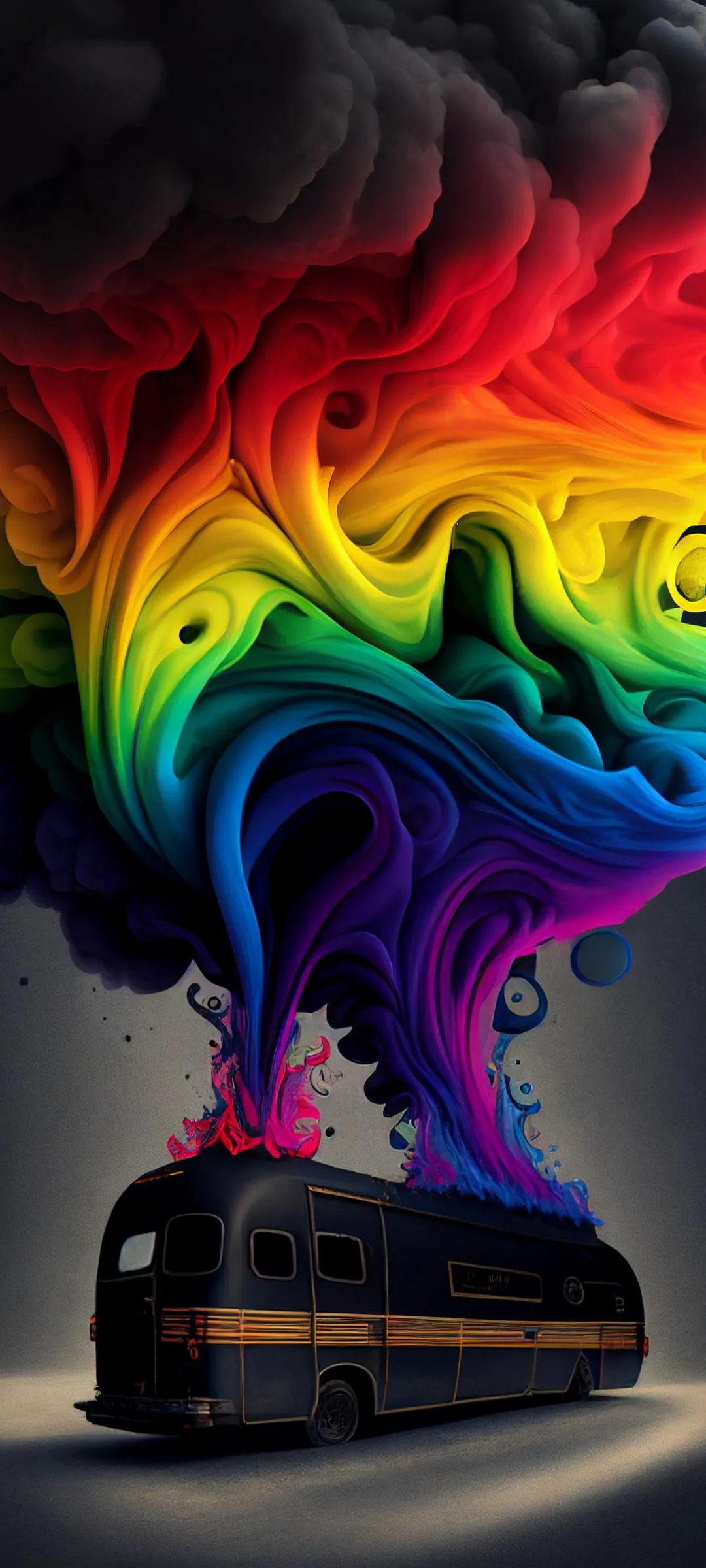 Rainbow Colored Smoke Splash from Van in Dark Art Scene