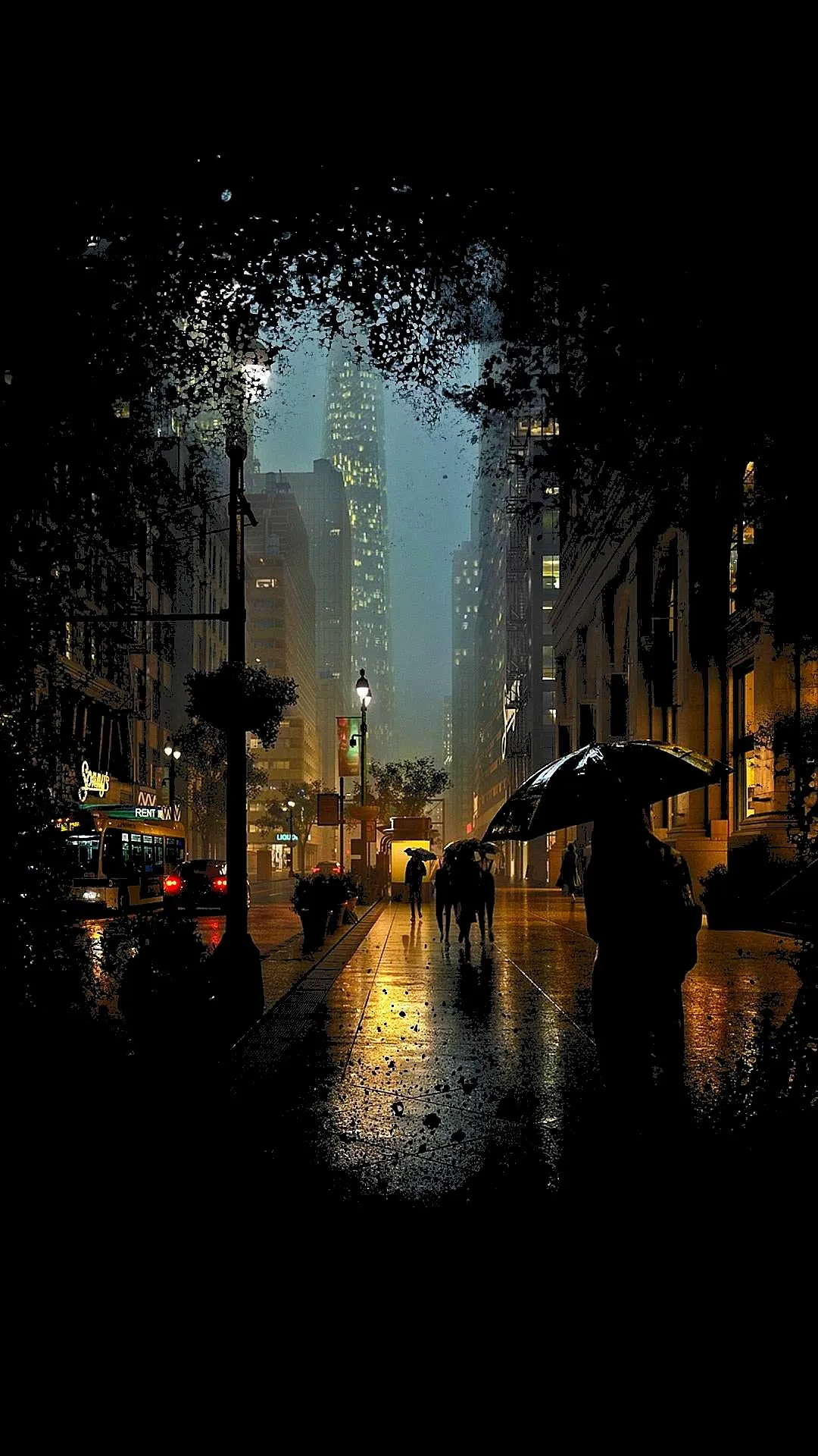 Rainy City Street at Night with Reflections Wallpaper