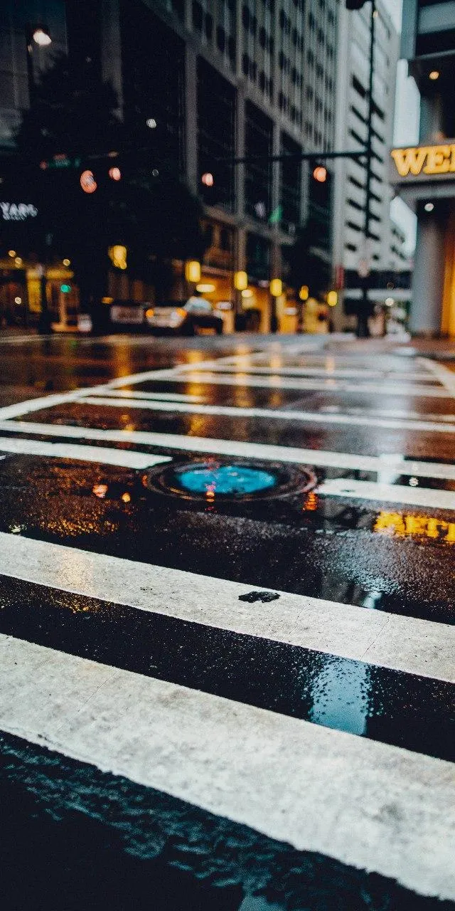 Rainy Night City Crosswalk with Reflections View Wallpaper