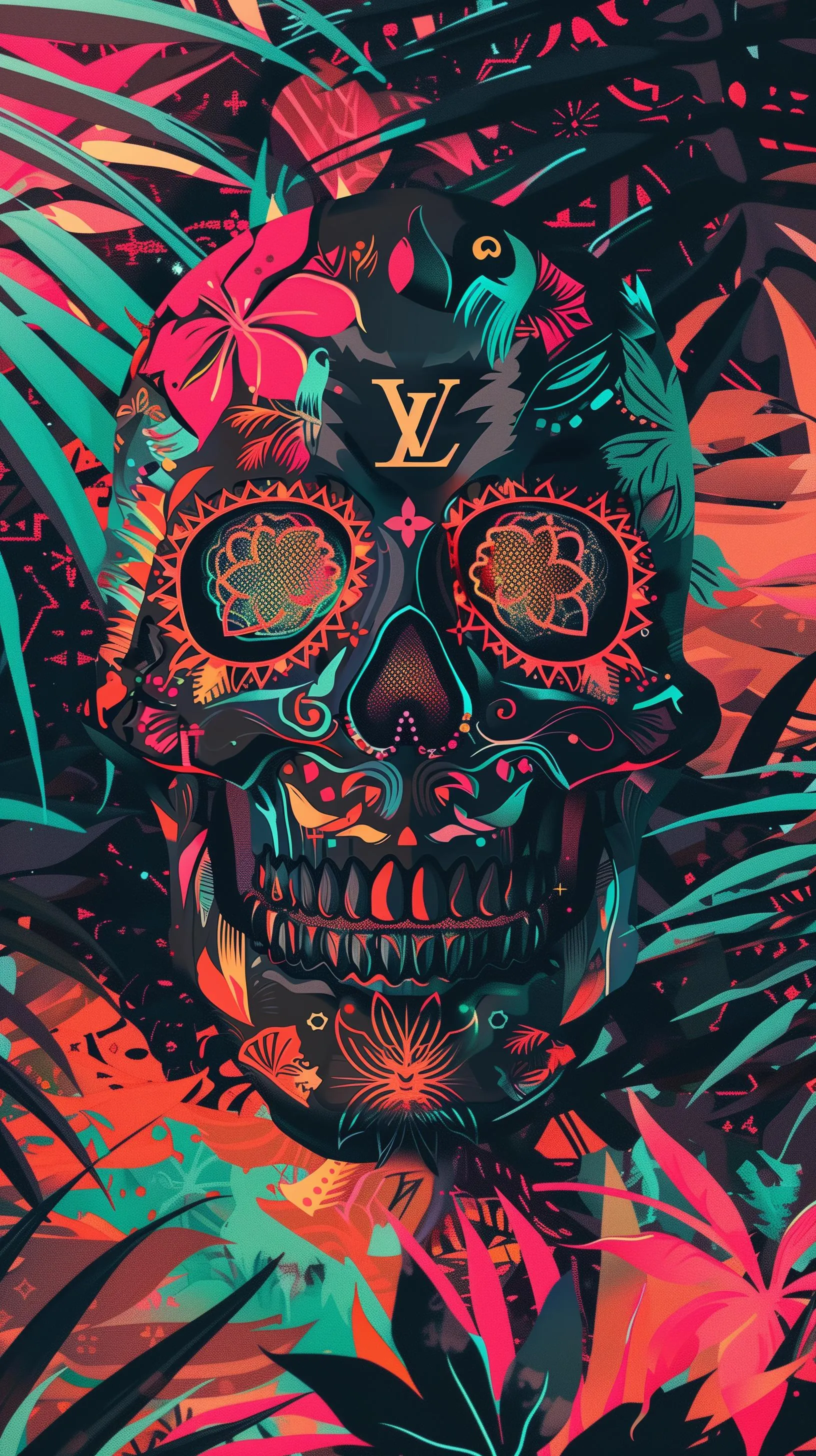 Red and Blue Skull with Tropical Leaf Artwork Wallpaper