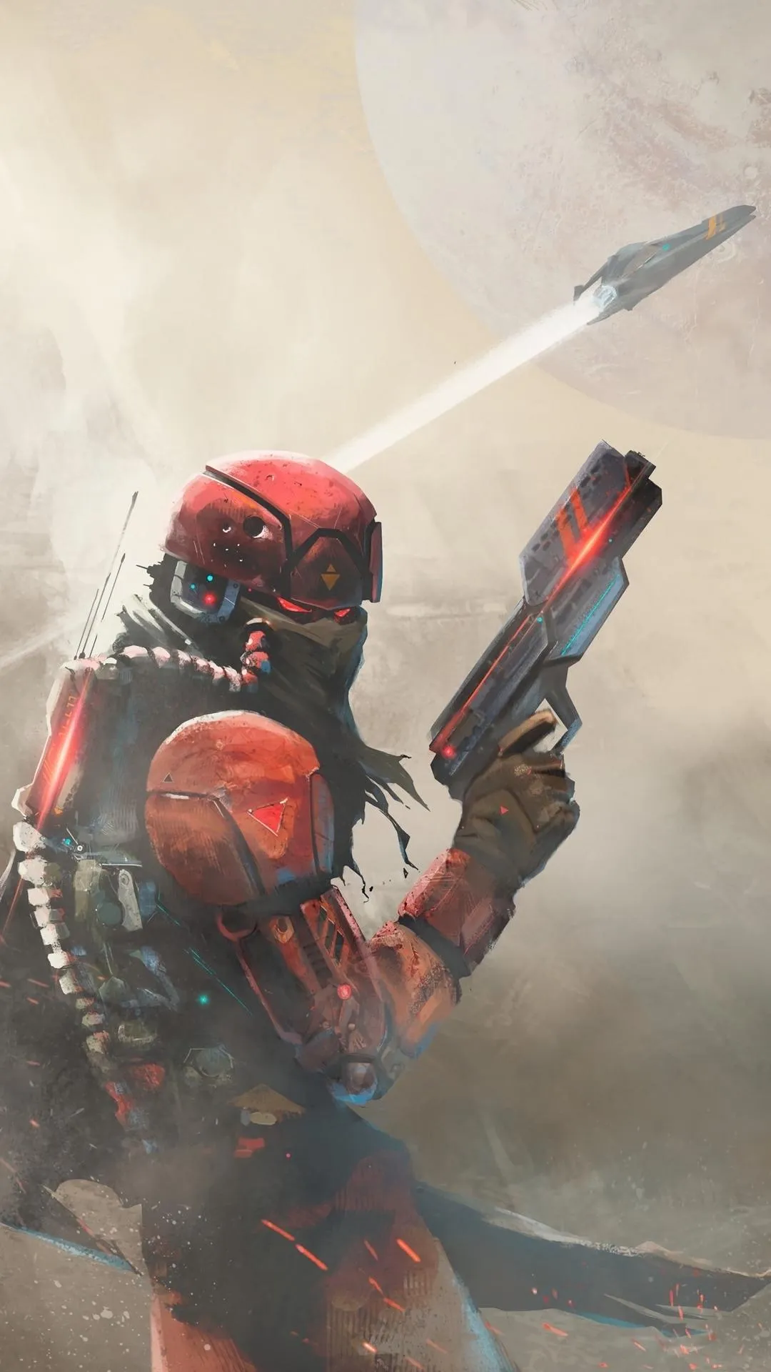 Red Armored Warrior Standing in Dusty Battle Scene Wallpaper