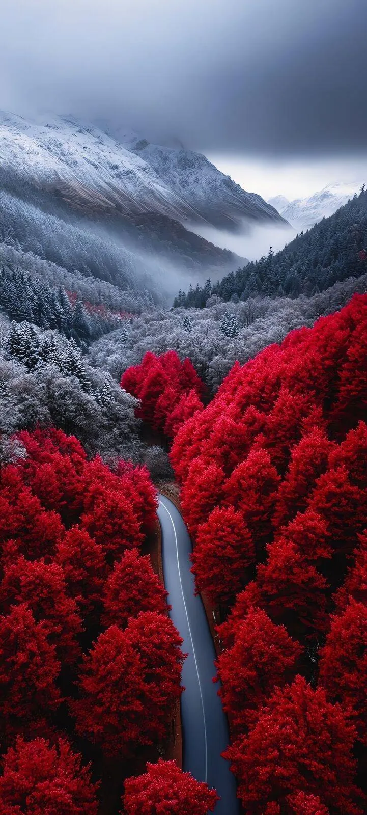 Red Autumn Forest with Soft Light Over Peaceful Trees