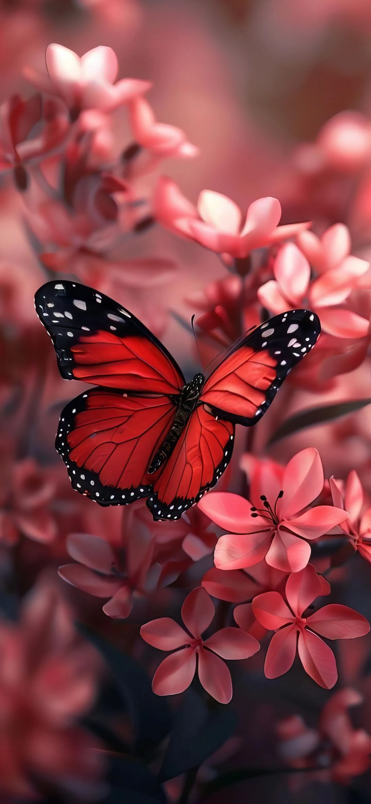 Red Butterfly on Pink Blossoms in Morning Light Wallpaper