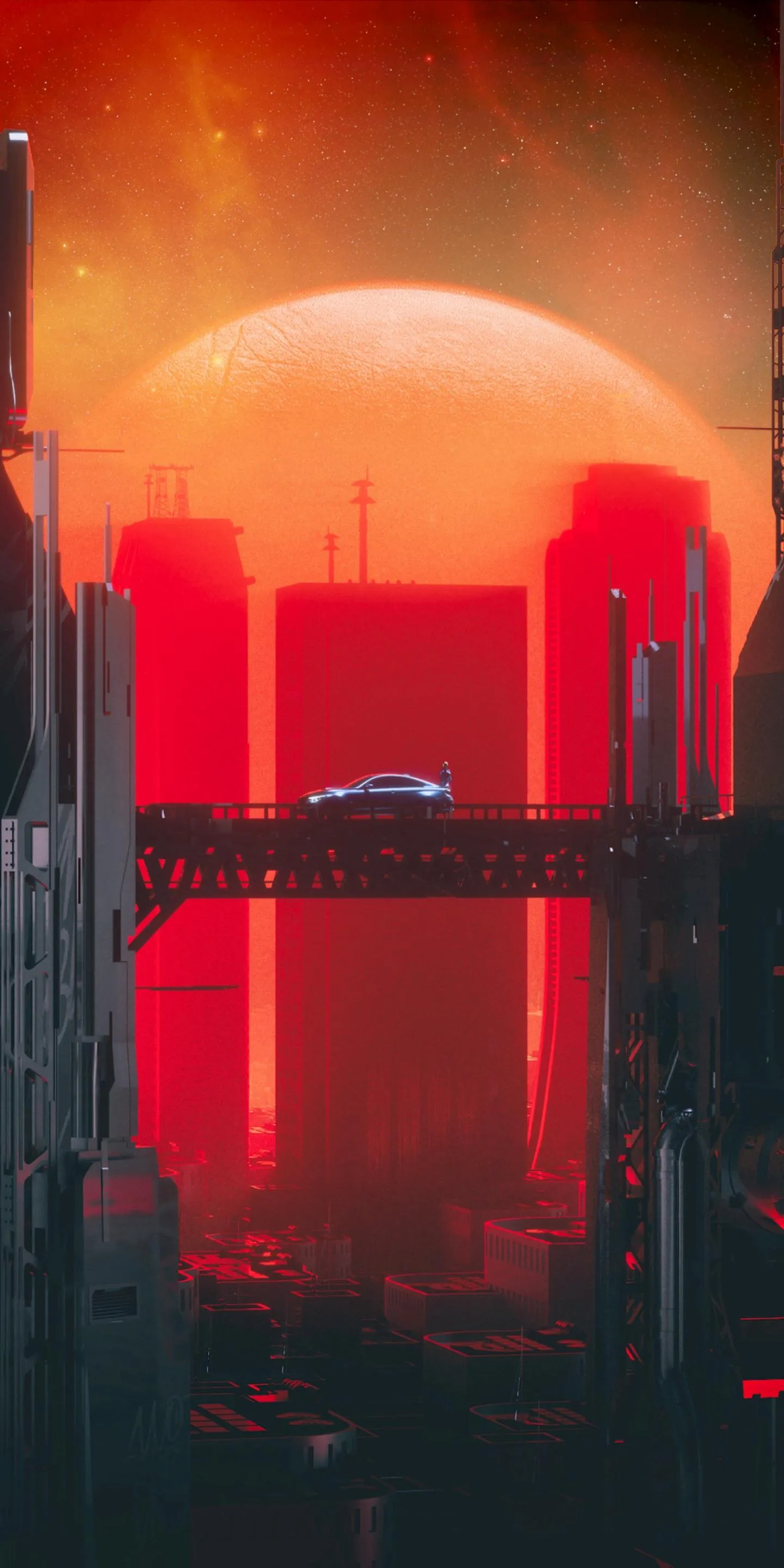 Red City Skyline Glowing Under a Bright Setting Sun