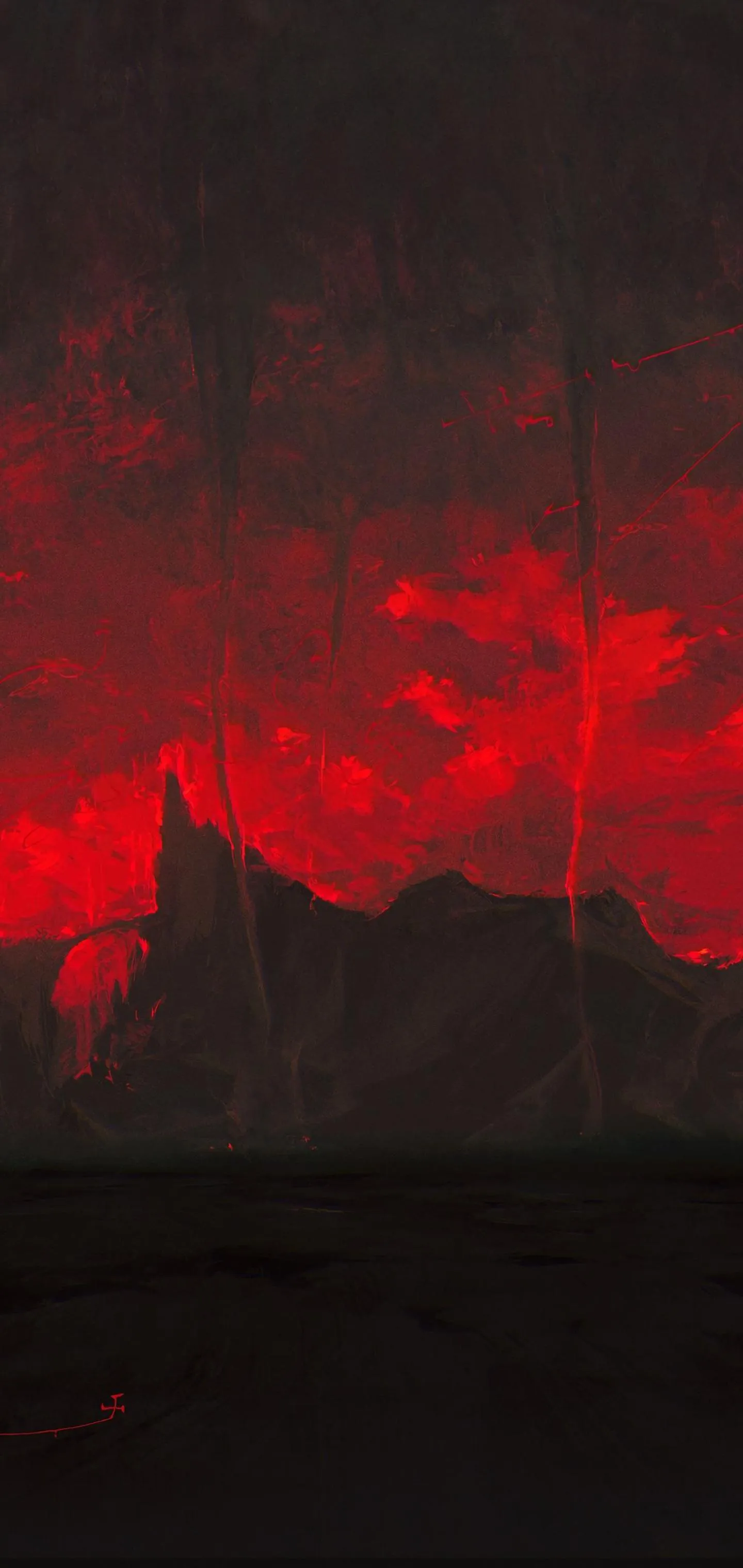 Red Clouds Over Mountains with Dark Mystical Landscape
