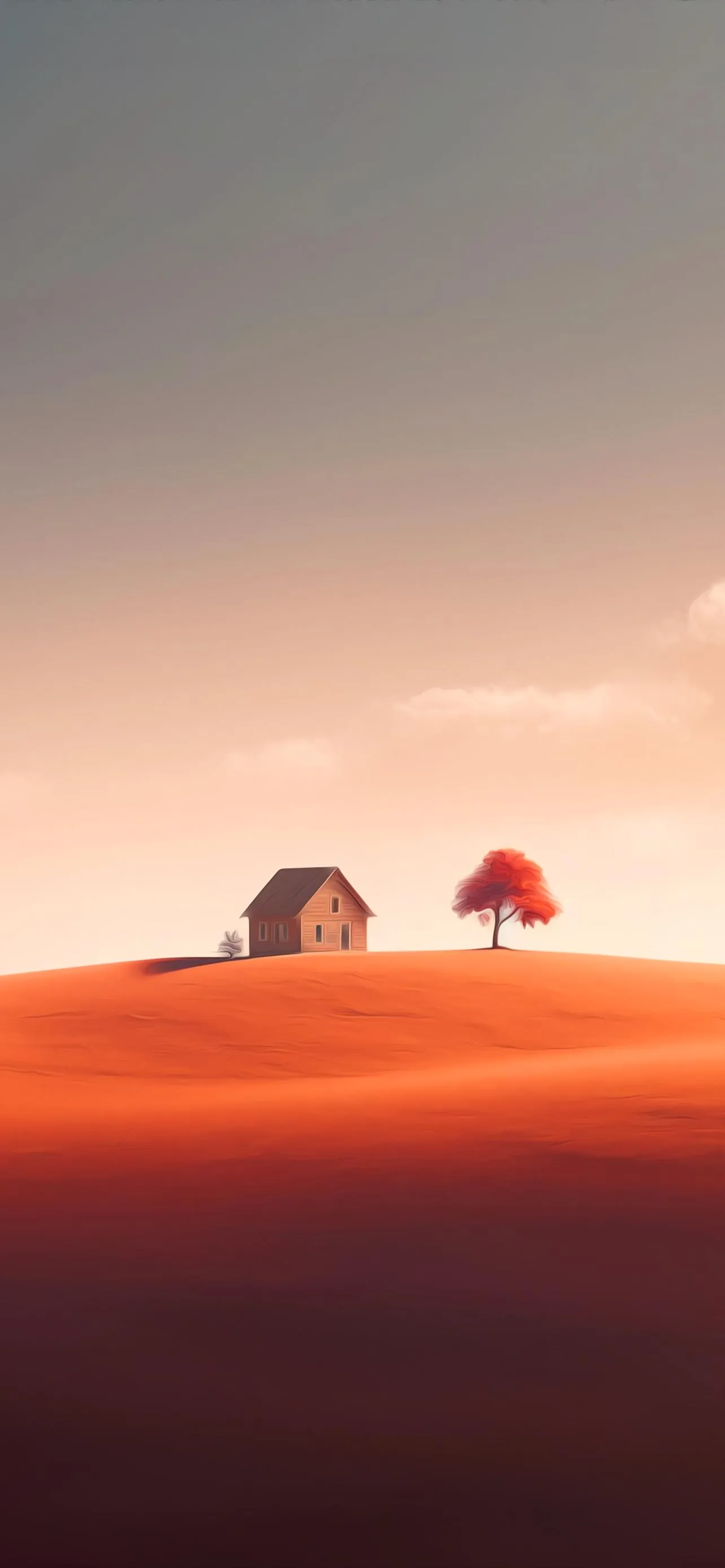 Red Desert Horizon with Glowing Trees and House Wallpaper