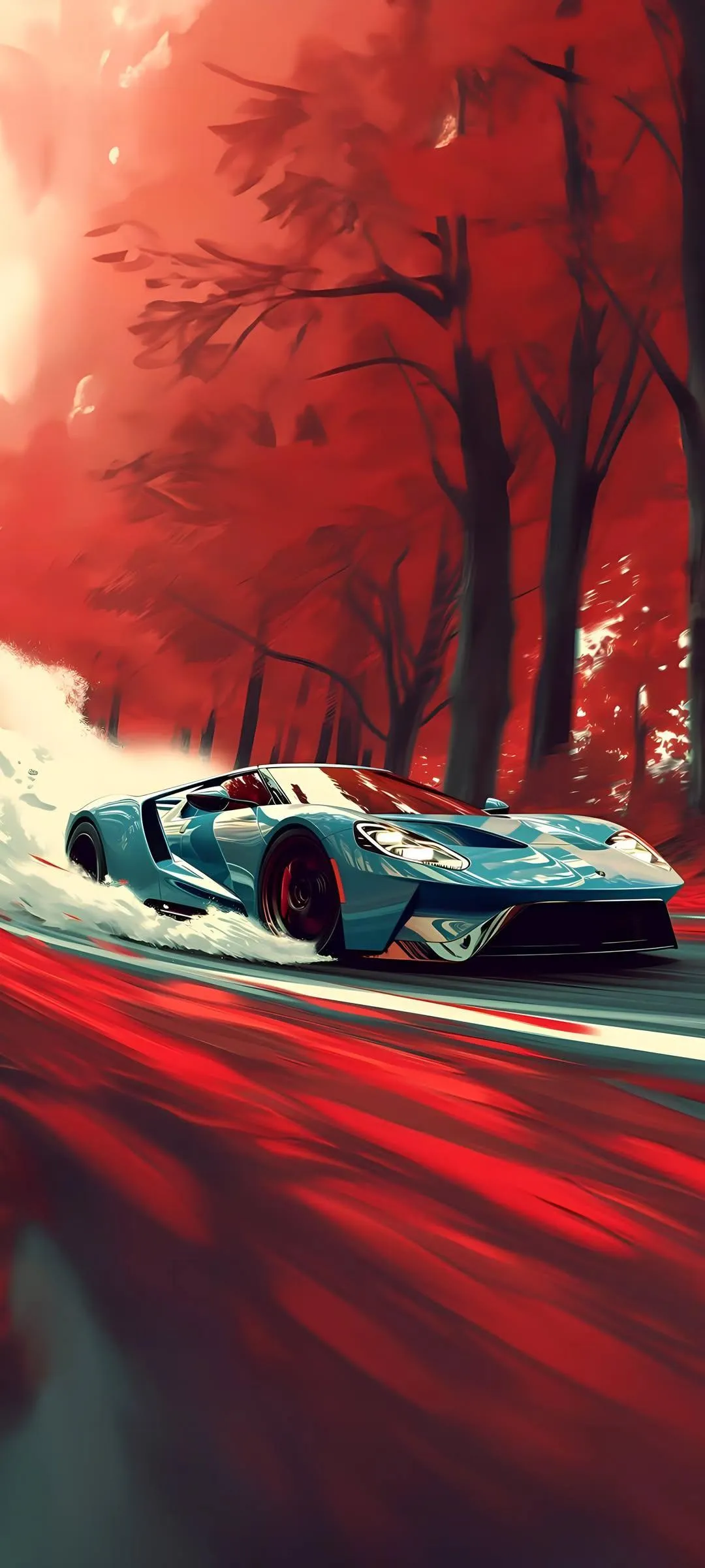 Red Forest Road with Bright Cyan Sports Car View Wallpaper