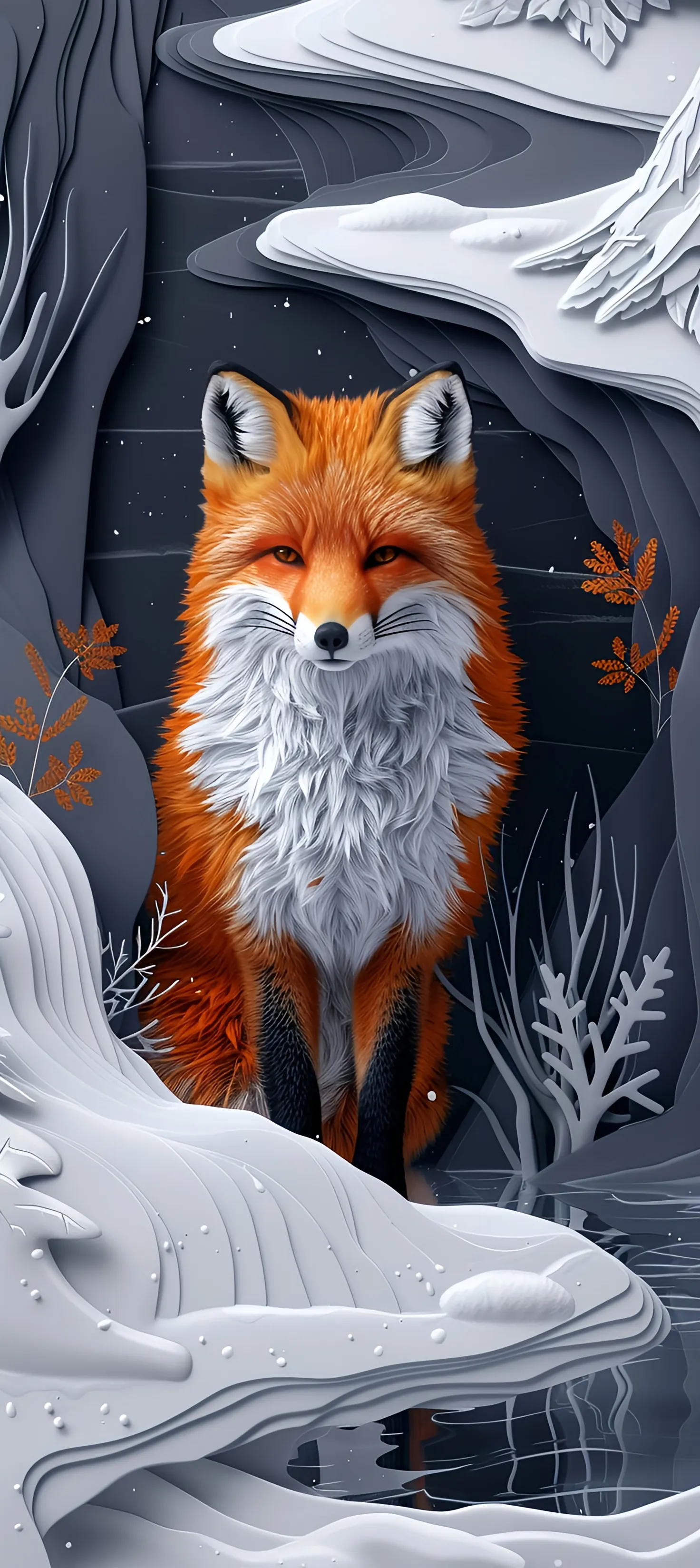 Red Fox Sitting Calmly in a Stylized Winter Forest Wallpaper