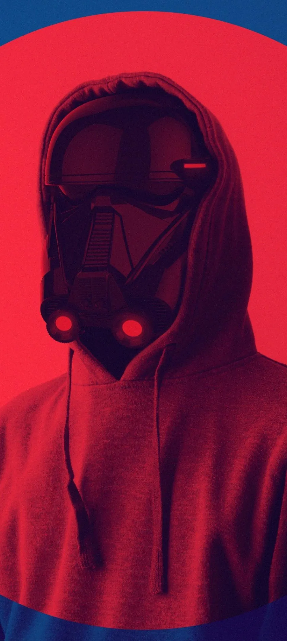 Red Hooded Figure in Neon Light with Mysterious Atmosphere