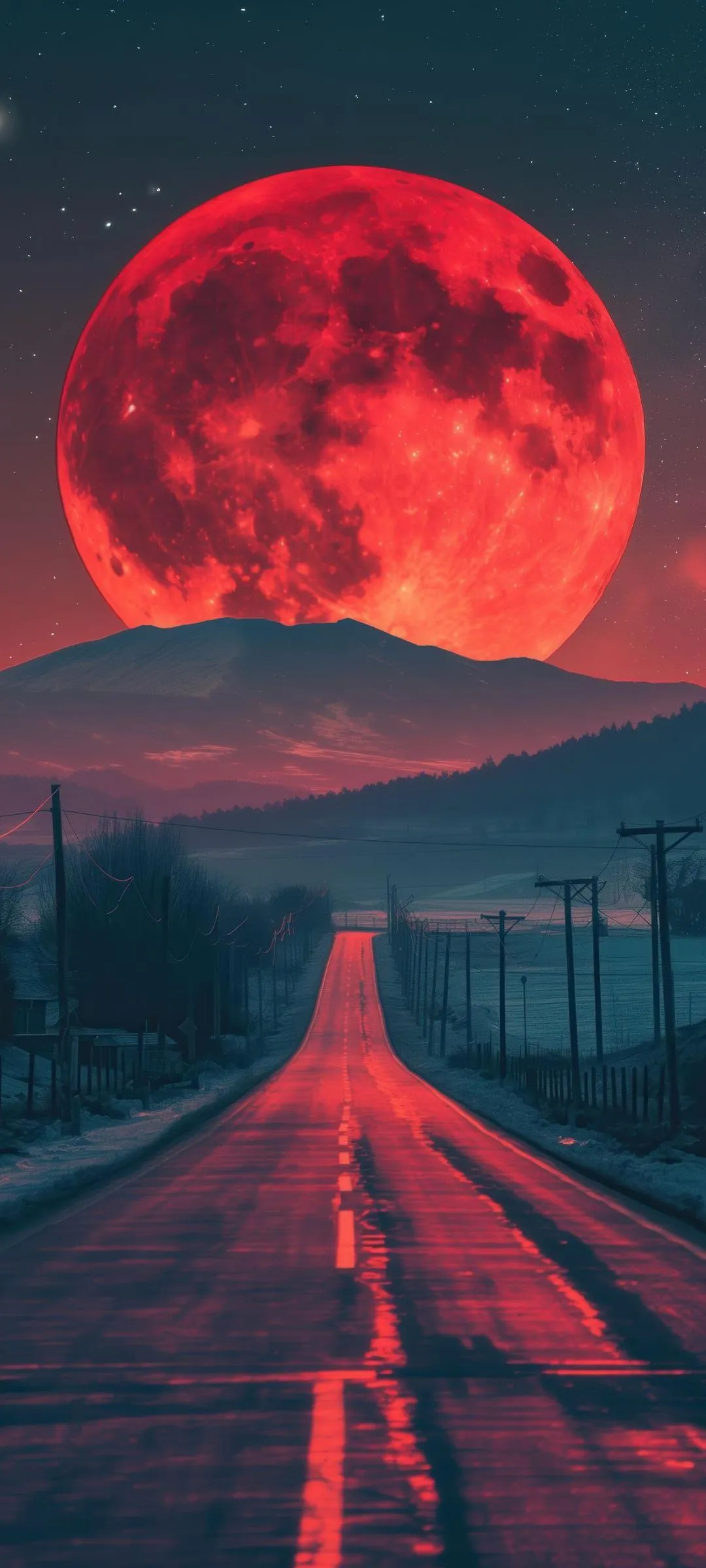 Red Moon Over Highway Landscape With Dark Mountain Sky
