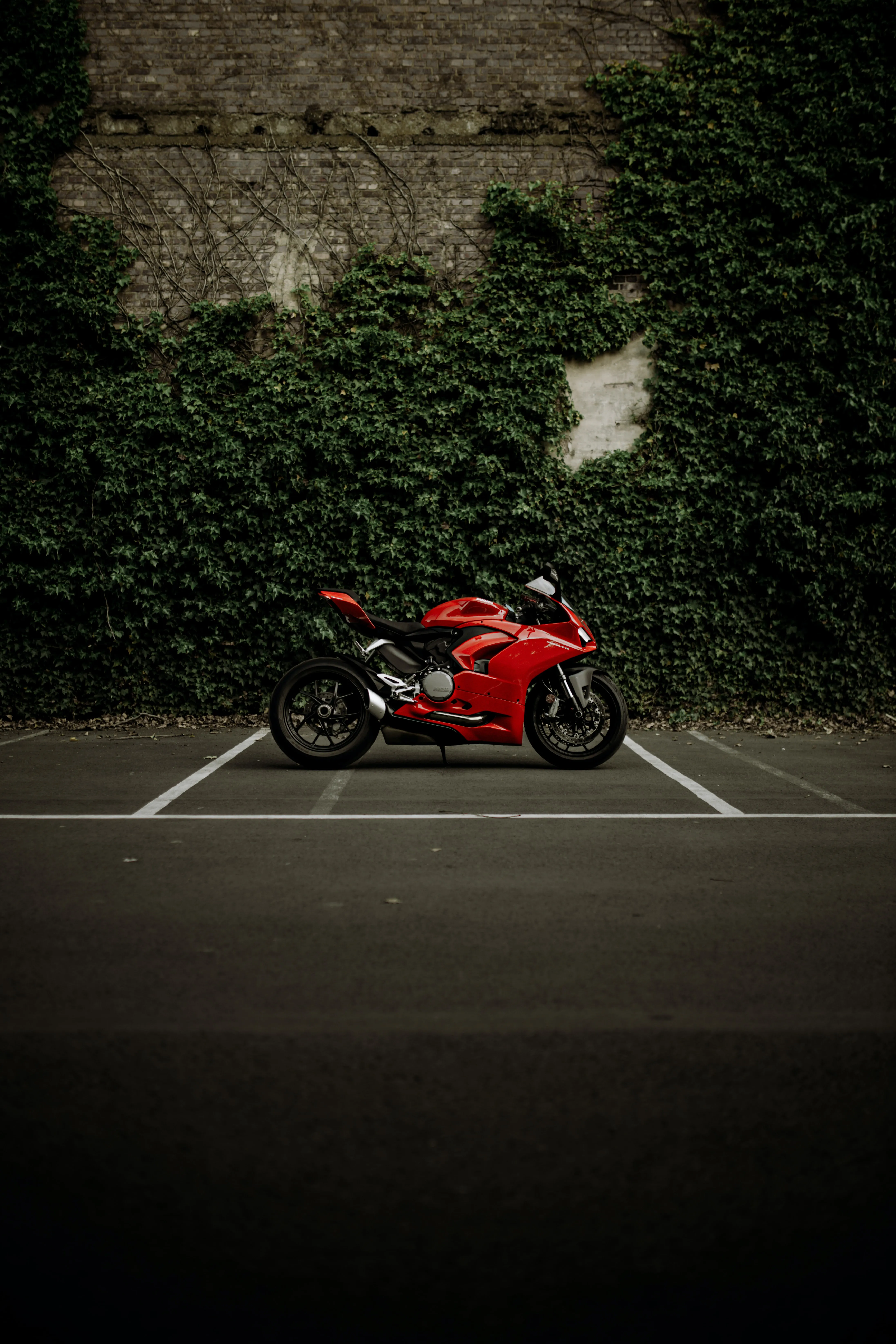 Red Motorbike Parked Beside City Green Wall HD Image
