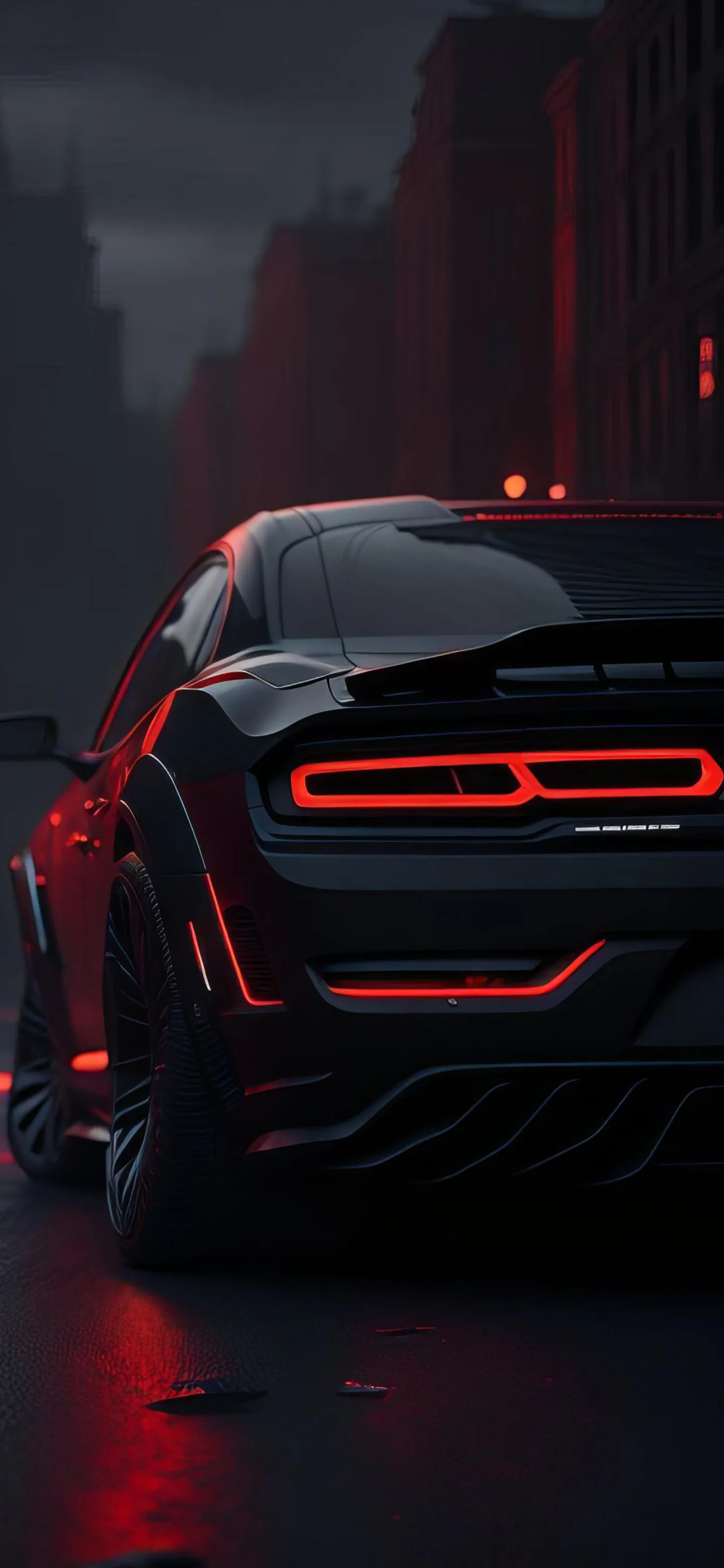 Red Muscle Car Back View On Rainy City Street Night