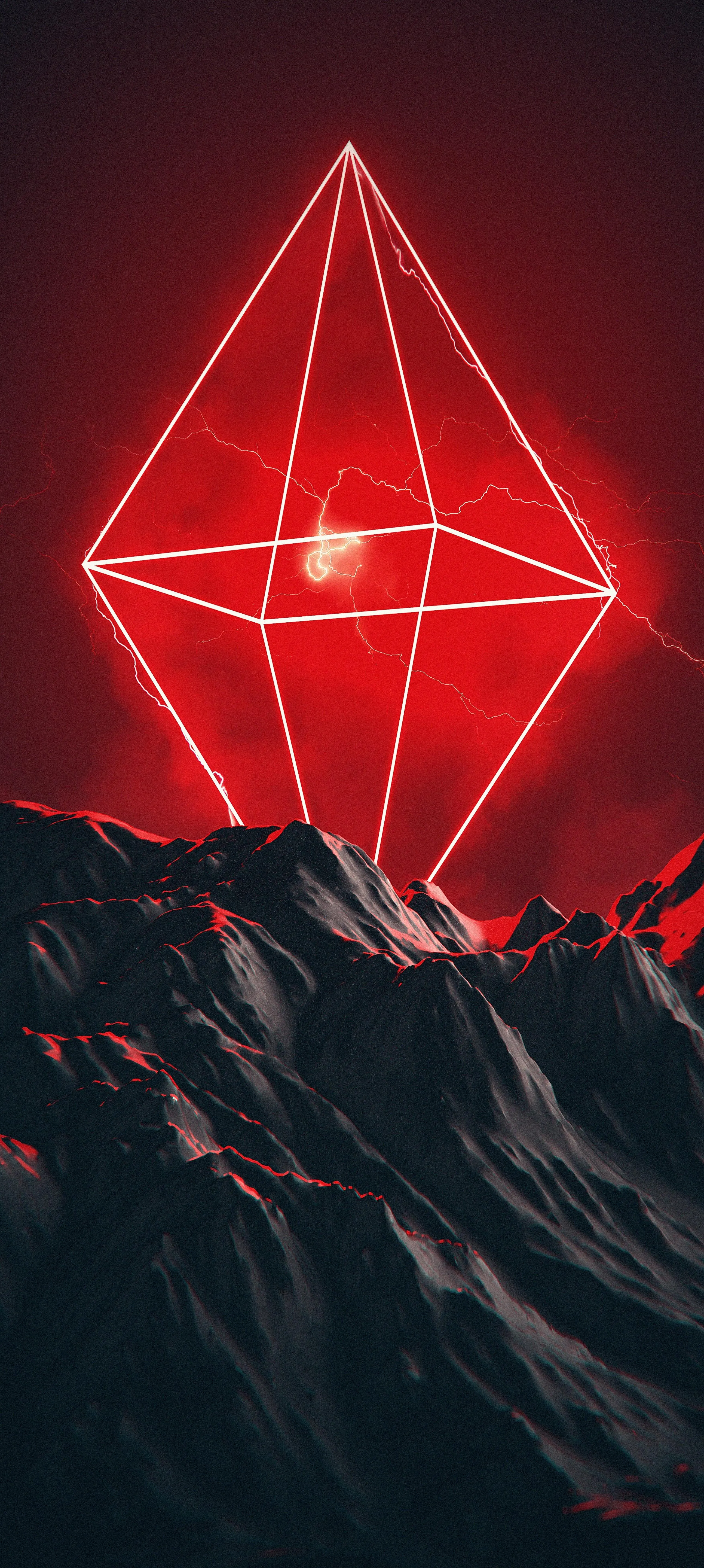 Red Neon Geometric Shape Glowing on Dark Rocks Wallpaper