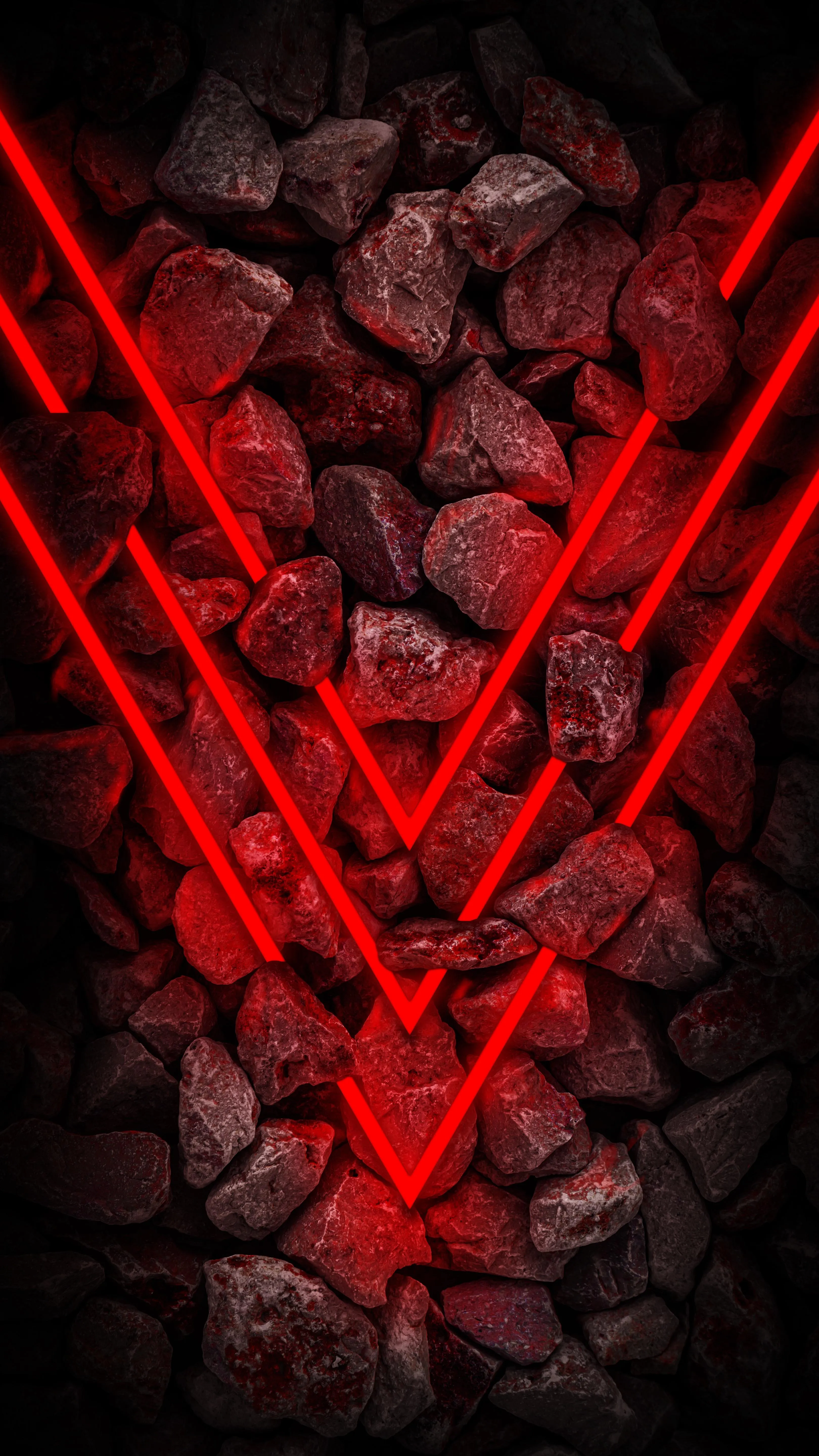Red Neon V Shape Lights Over Black Rocky Background Wallpaper
