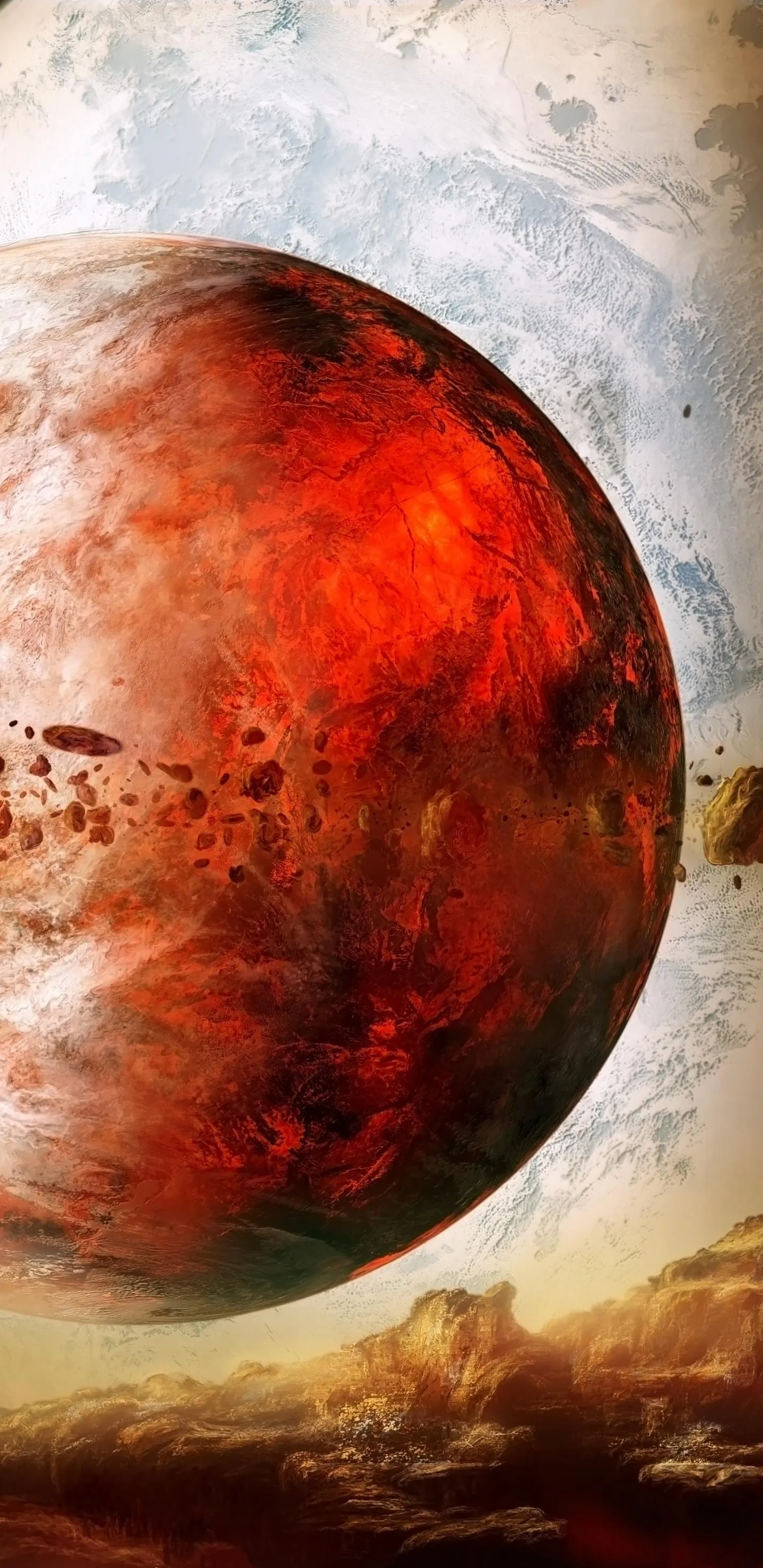 Red Planet Mars Closeup with Surface Craters and Clouds