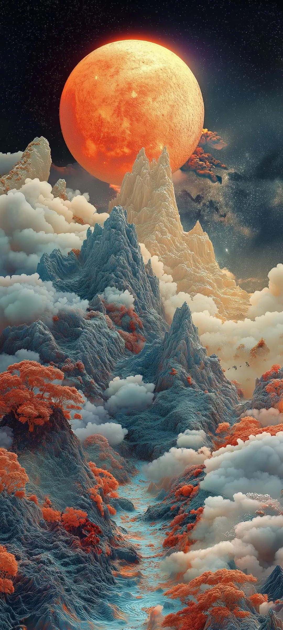 Red Planet Over Clouds Fantasy Landscape Scene Wallpaper