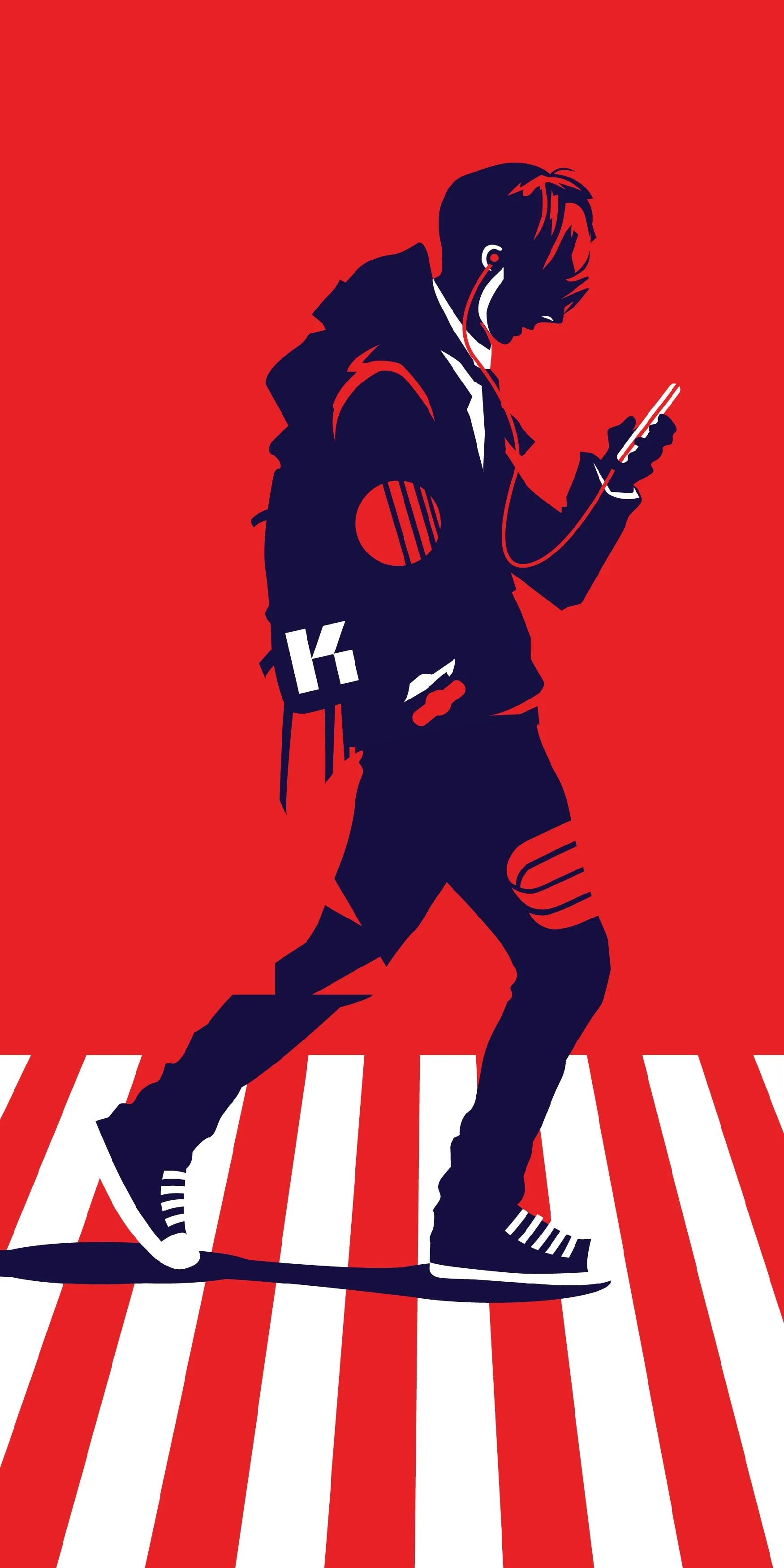 Red Silhouette of Man Walking on Stripes Modern Poster