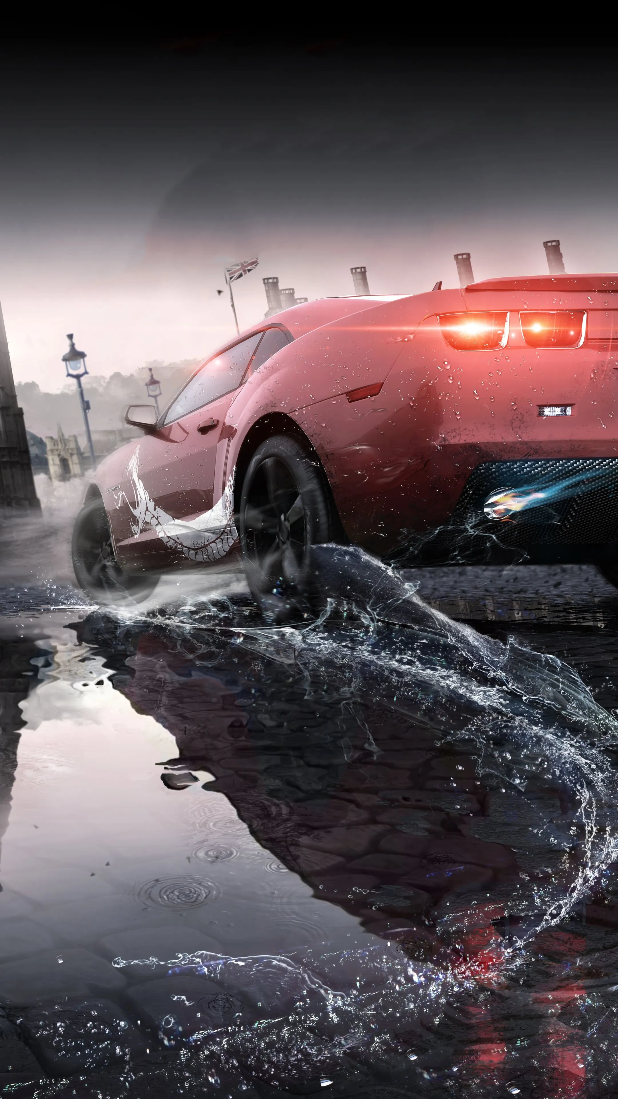 Red Sports Car Drifting on Wet Road at High Speed Wallpaper