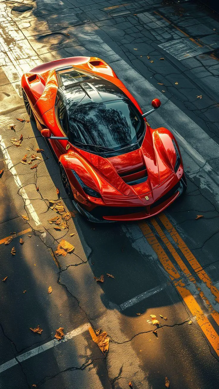 Red Sports Car Driving on Road in Sunny Autumn Landscape