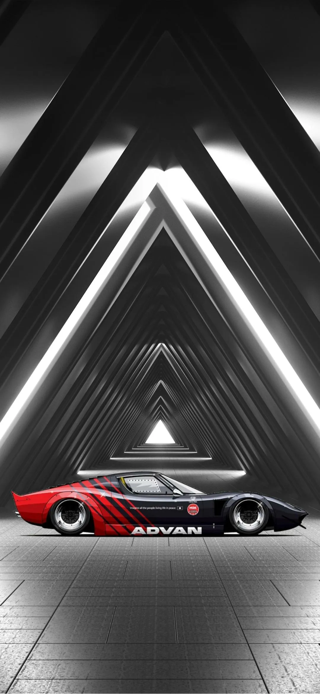 Red Sports Car in Futuristic Tunnel with Light Triangles