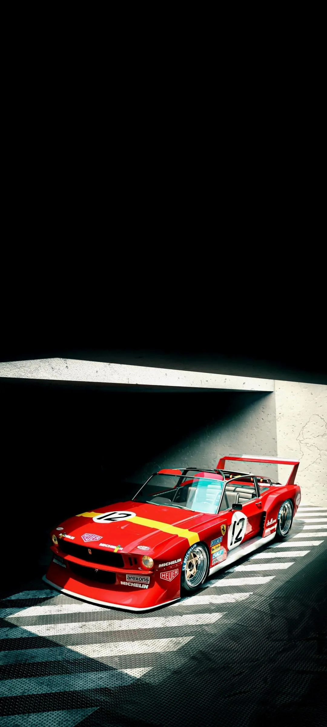 Red Sports Car Racing with Light Trails on Black Road