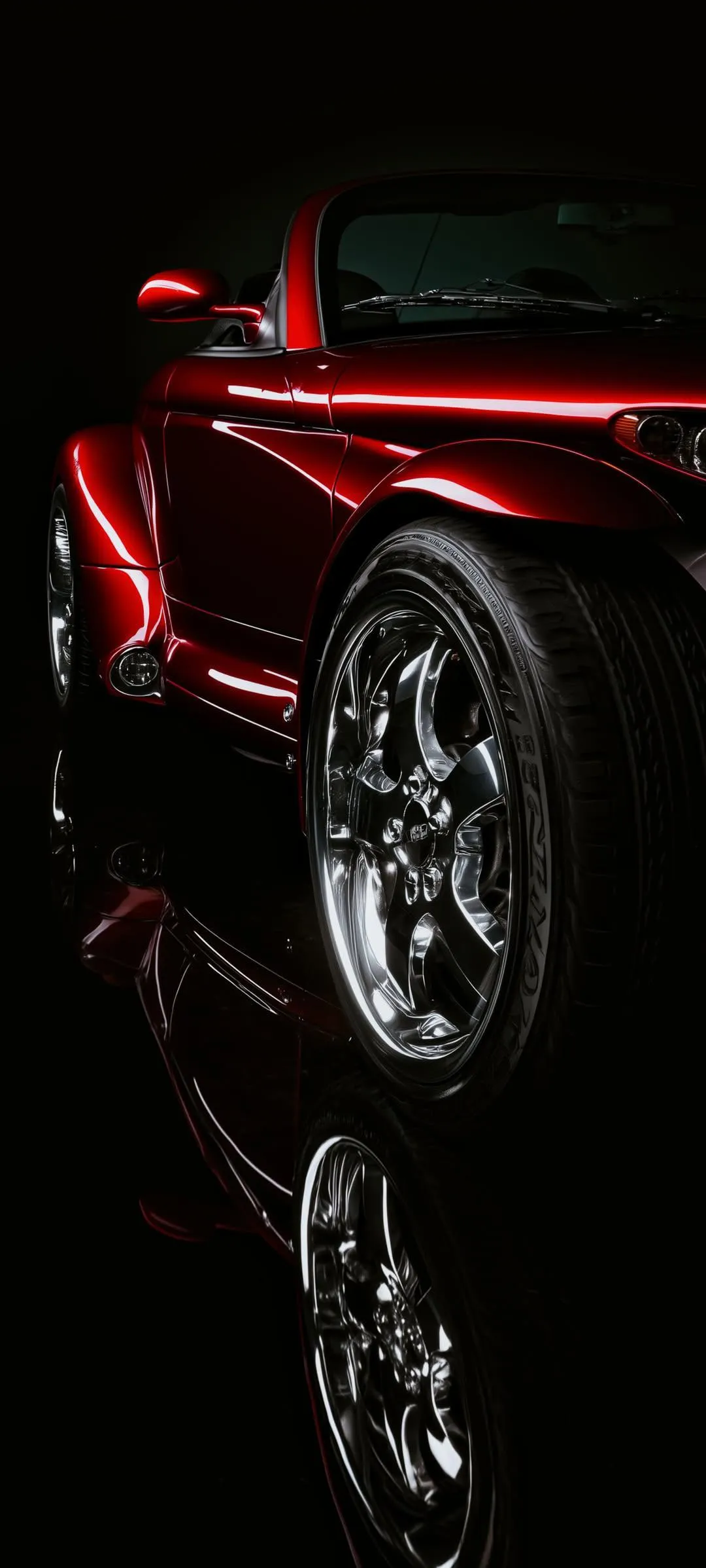 Red Sports Car Wheel Reflection with Glossy Finish