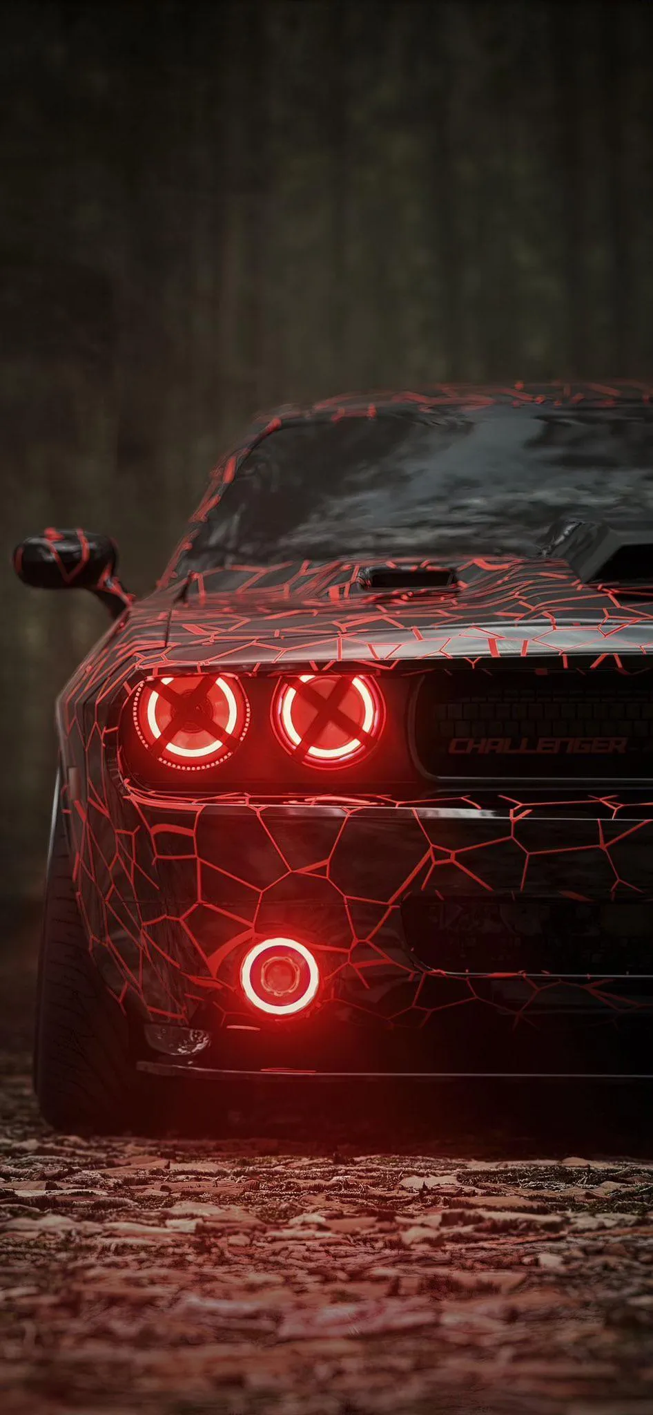 Red Sports Car with Glowing Taillights on Wet Road
