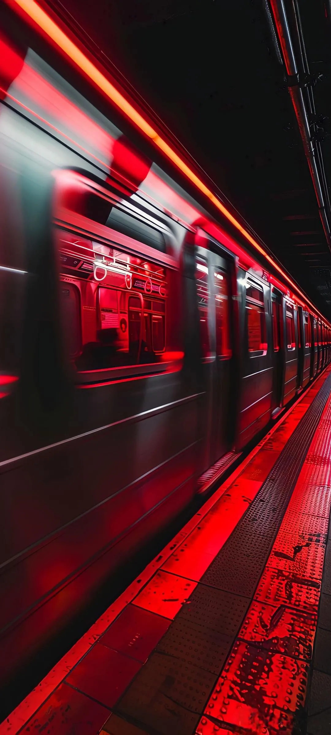Red Subway Train Moving Fast Through Underground Tunnel