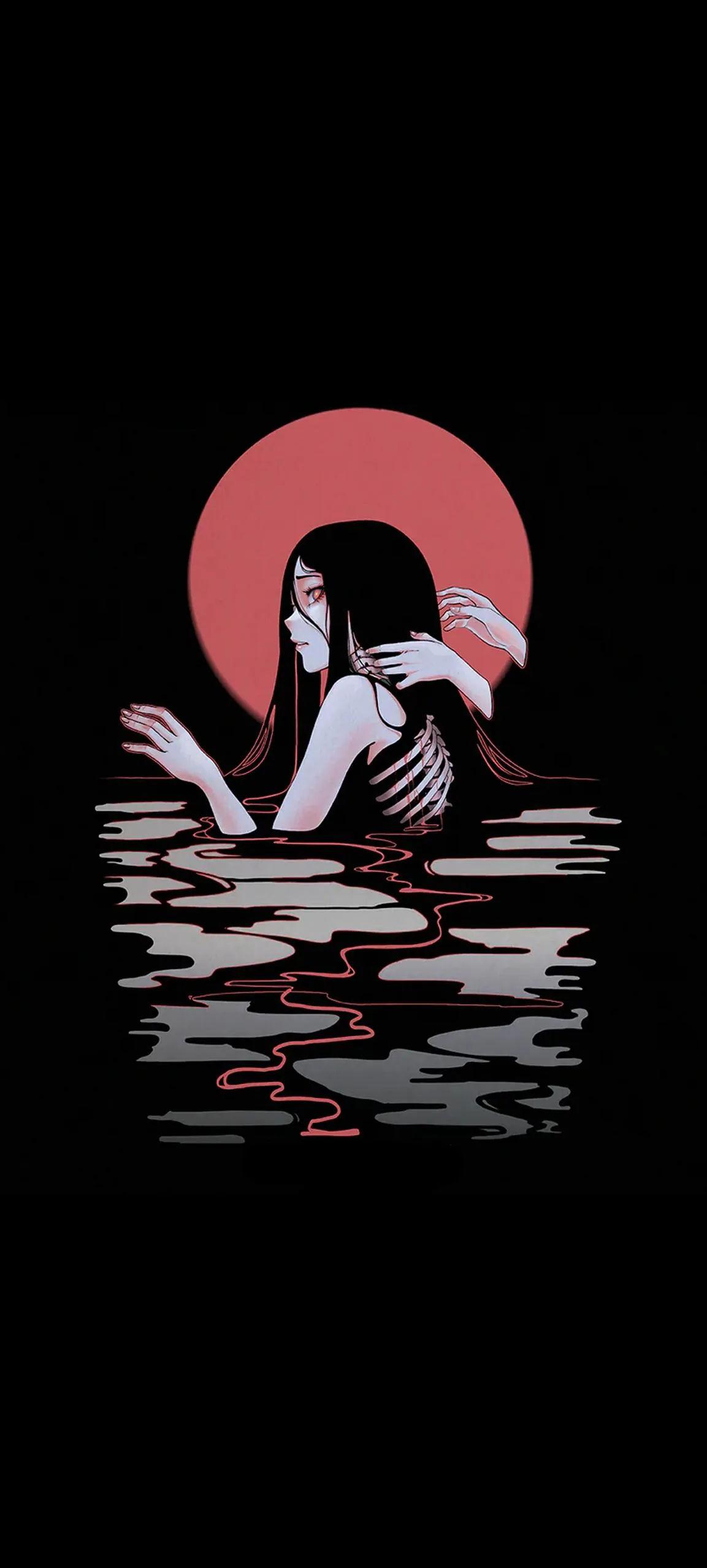 Red Sun and Woman Silhouette Landscape in Calm Evening