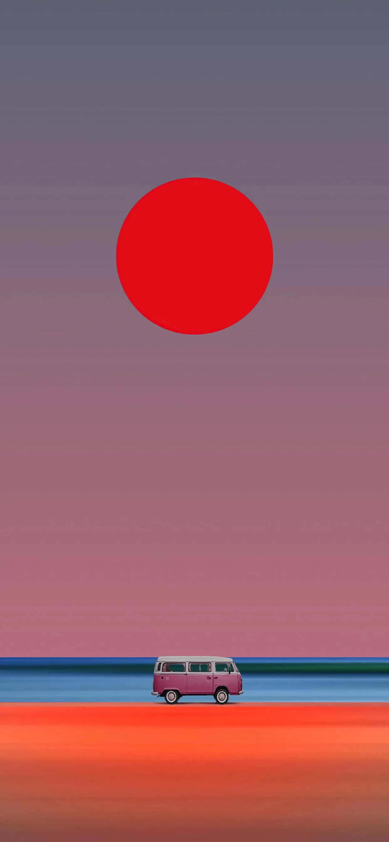 Red Sun Rising Over Minimal Landscape in Soft Tones
