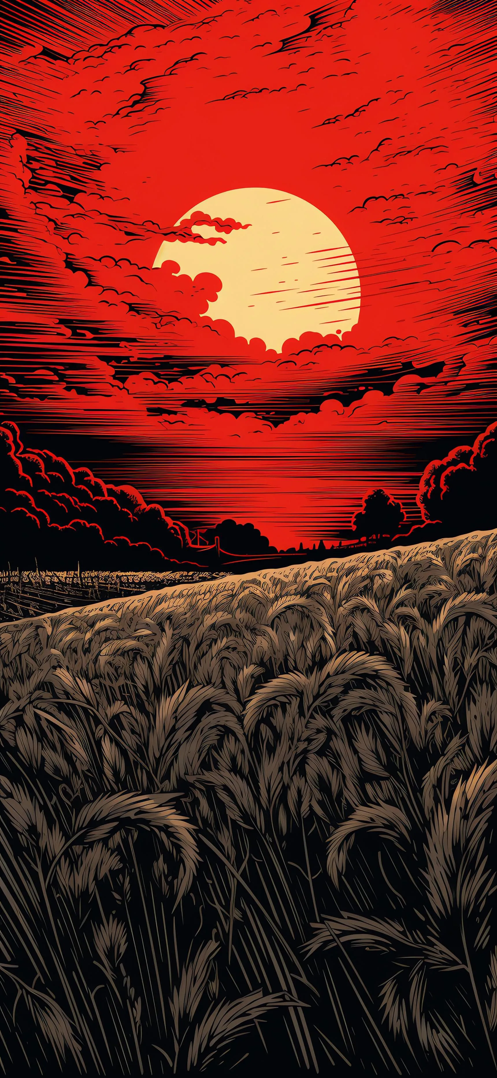 Red Sun Setting Over Dark Field of Black Grass Artwork