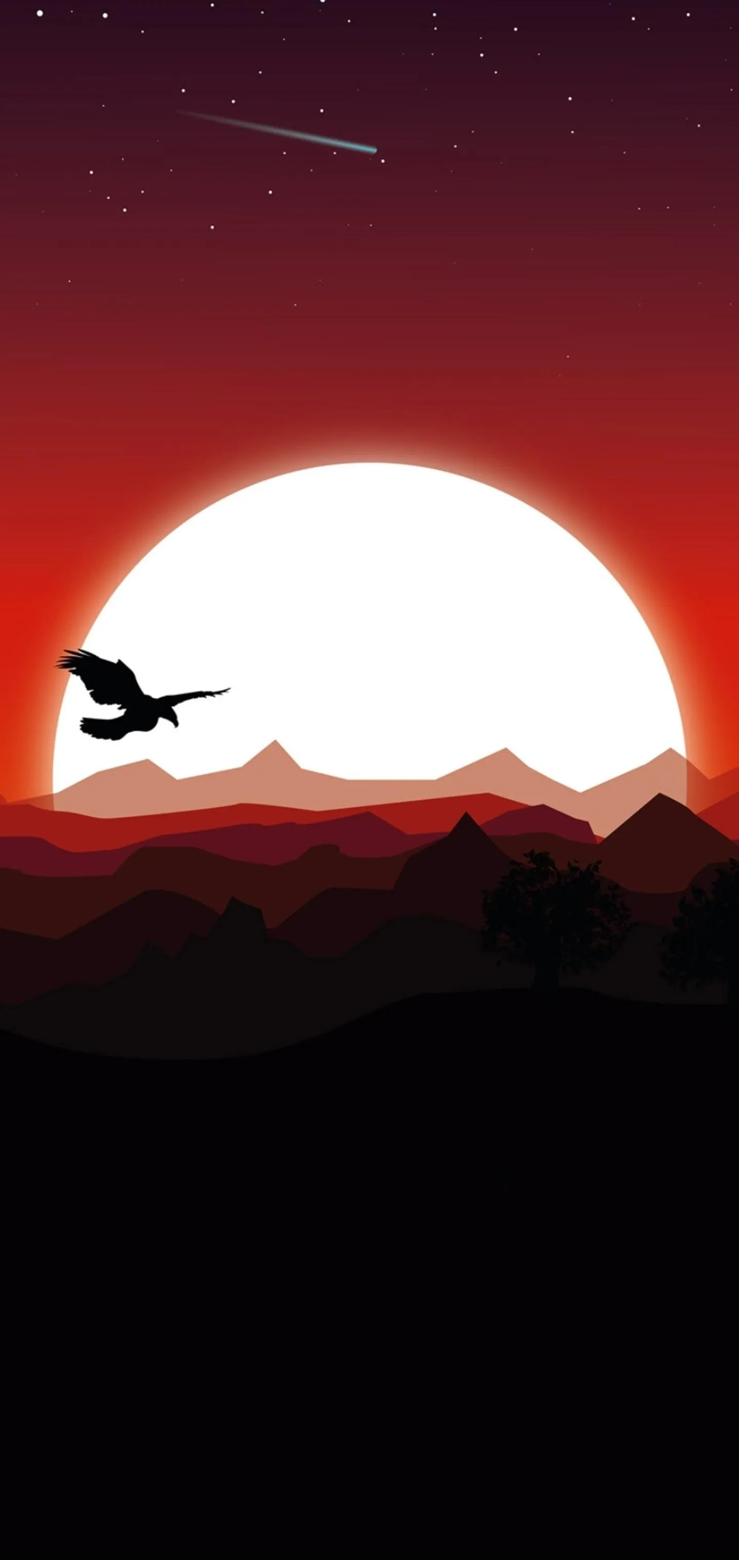 Red Sunset Landscape with Airplane Flying Silhouette