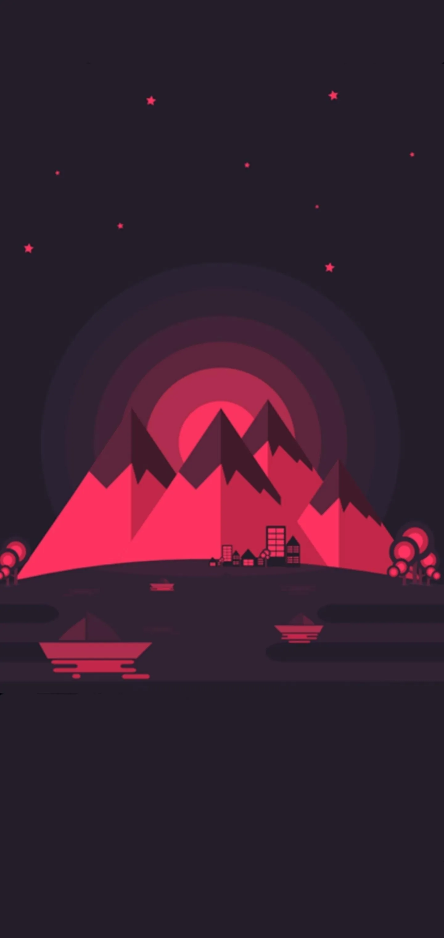 Red Sunset Mountains with Stylized Landscape Art Wallpaper
