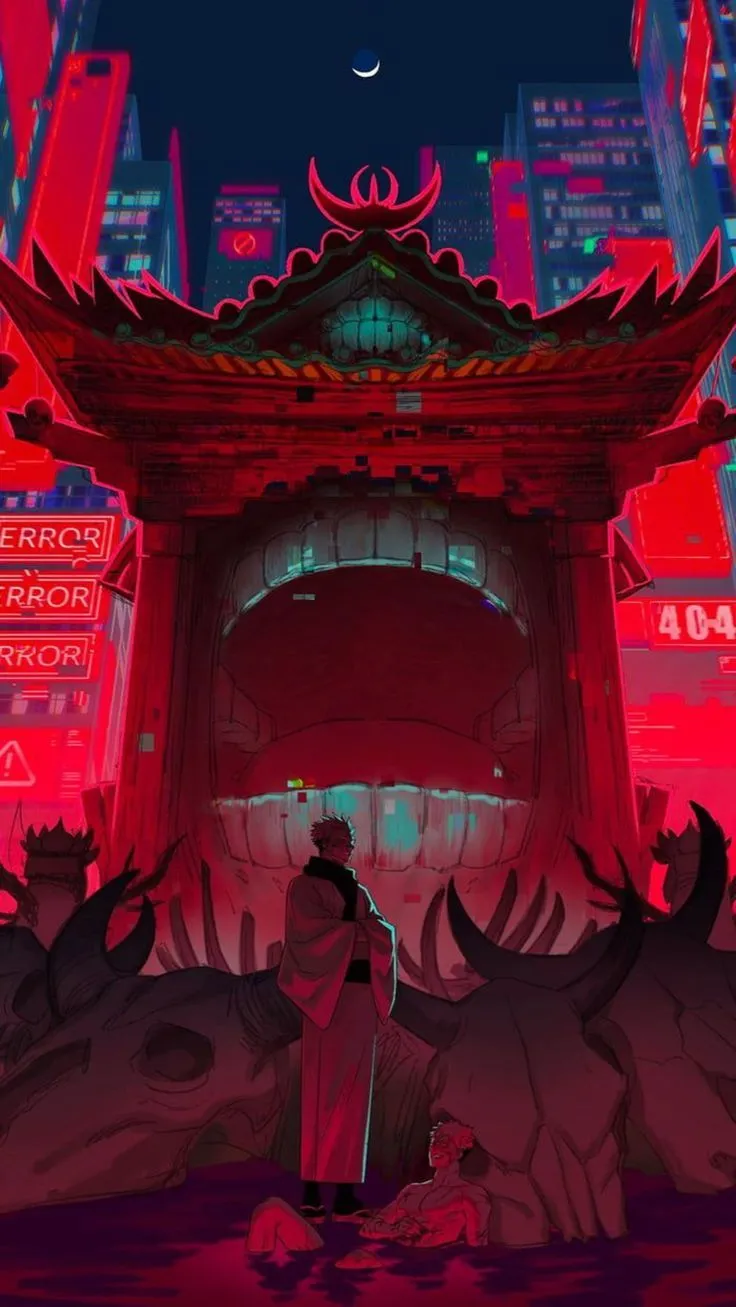 Red Temple Entrance Artwork with Glowing Mystical Design