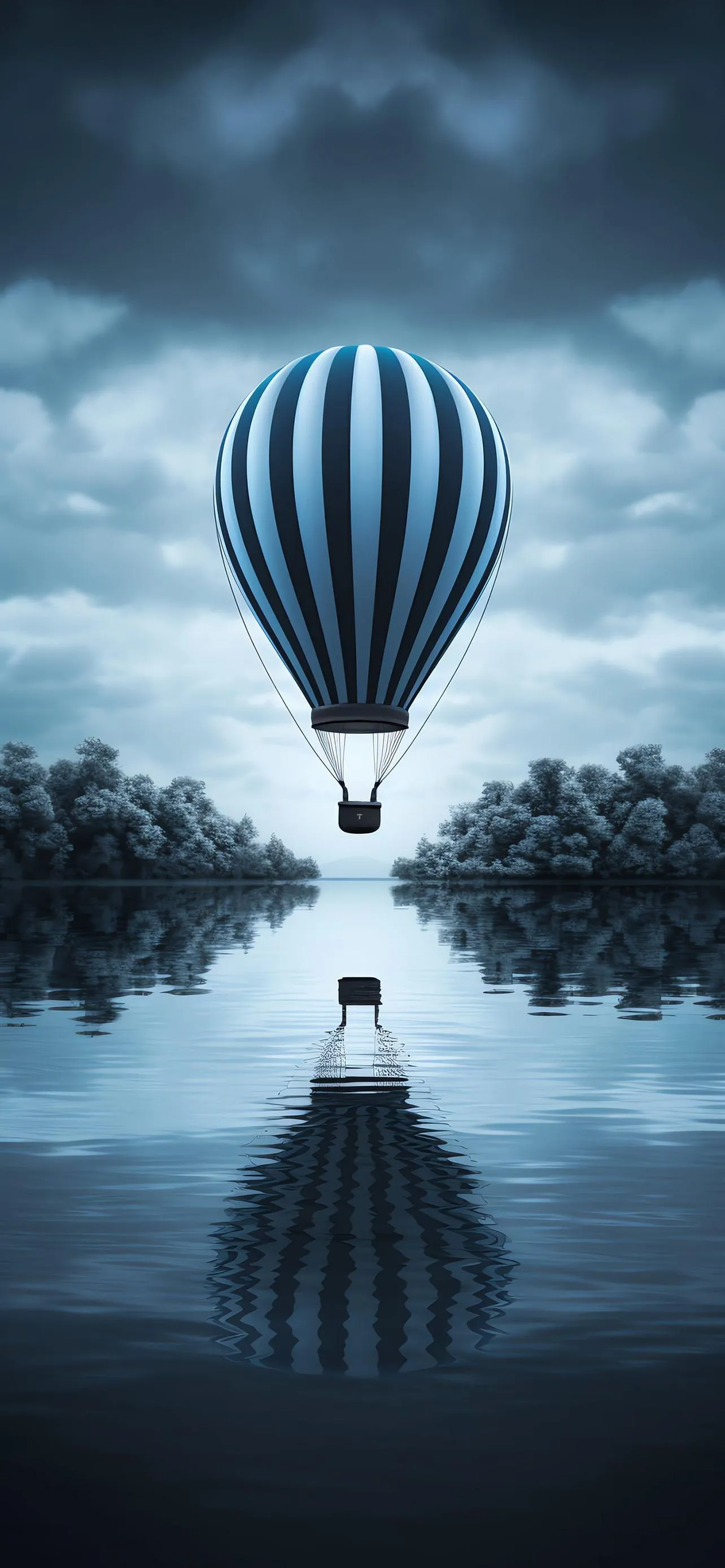 Reflective Hot Air Balloon Flying Over Calm Water Scene