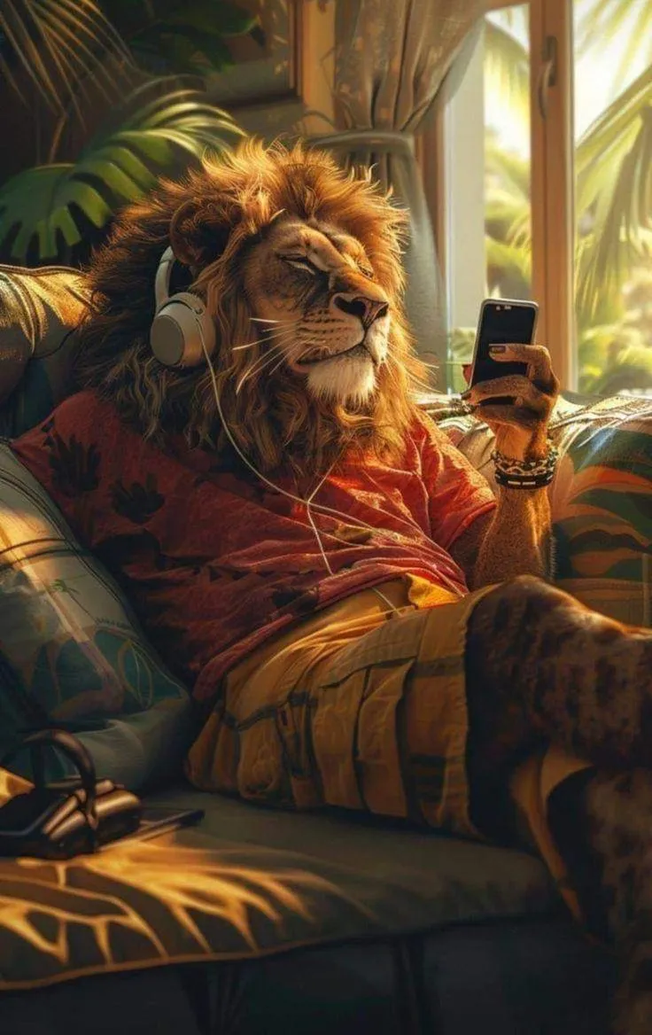 Relaxed Lion Sitting Indoors Cozy Artistic Design Wallpaper