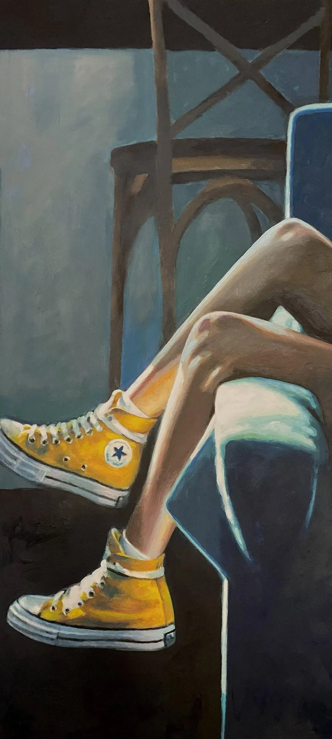 Relaxed Moment Captured in Art with Yellow Sneakers