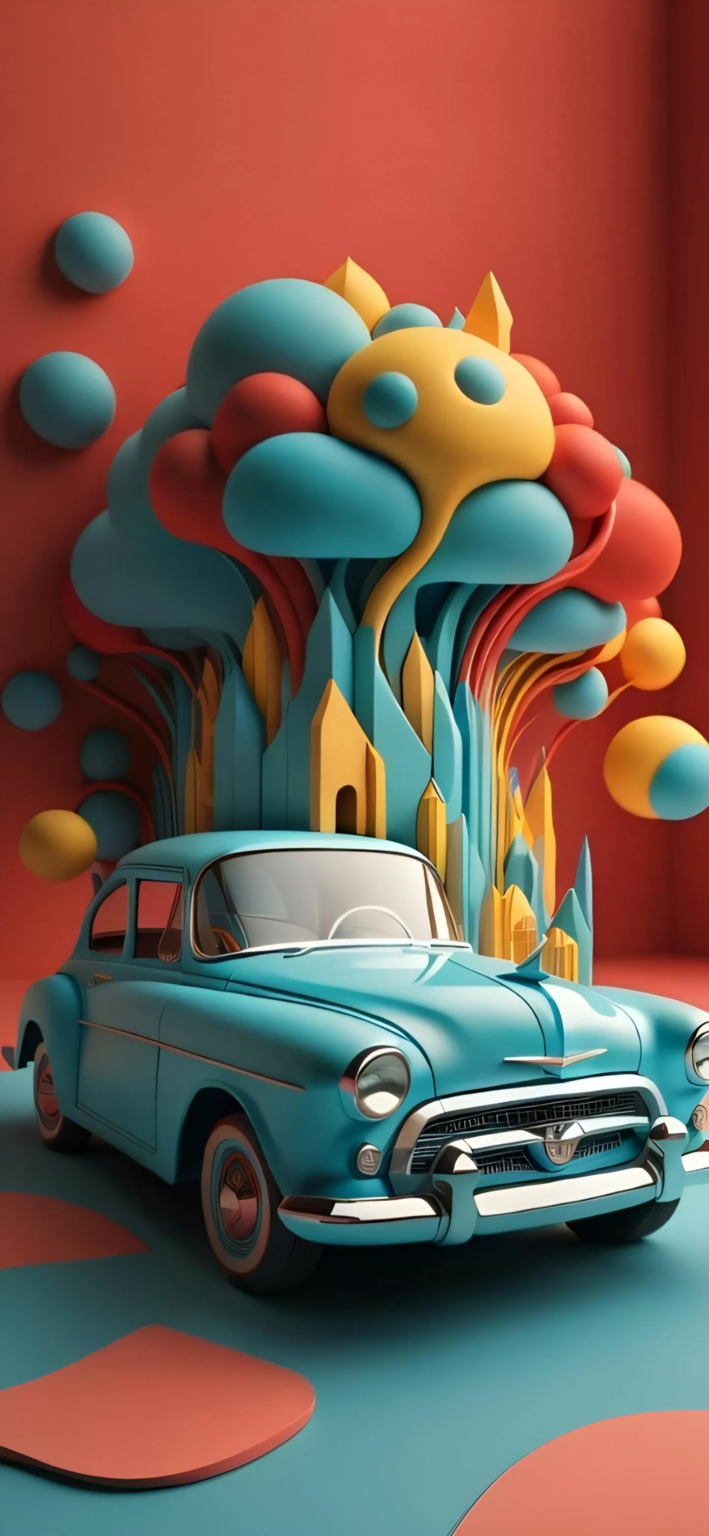 Retro Blue Car Surrounded By Colorful Mushrooms And Trees