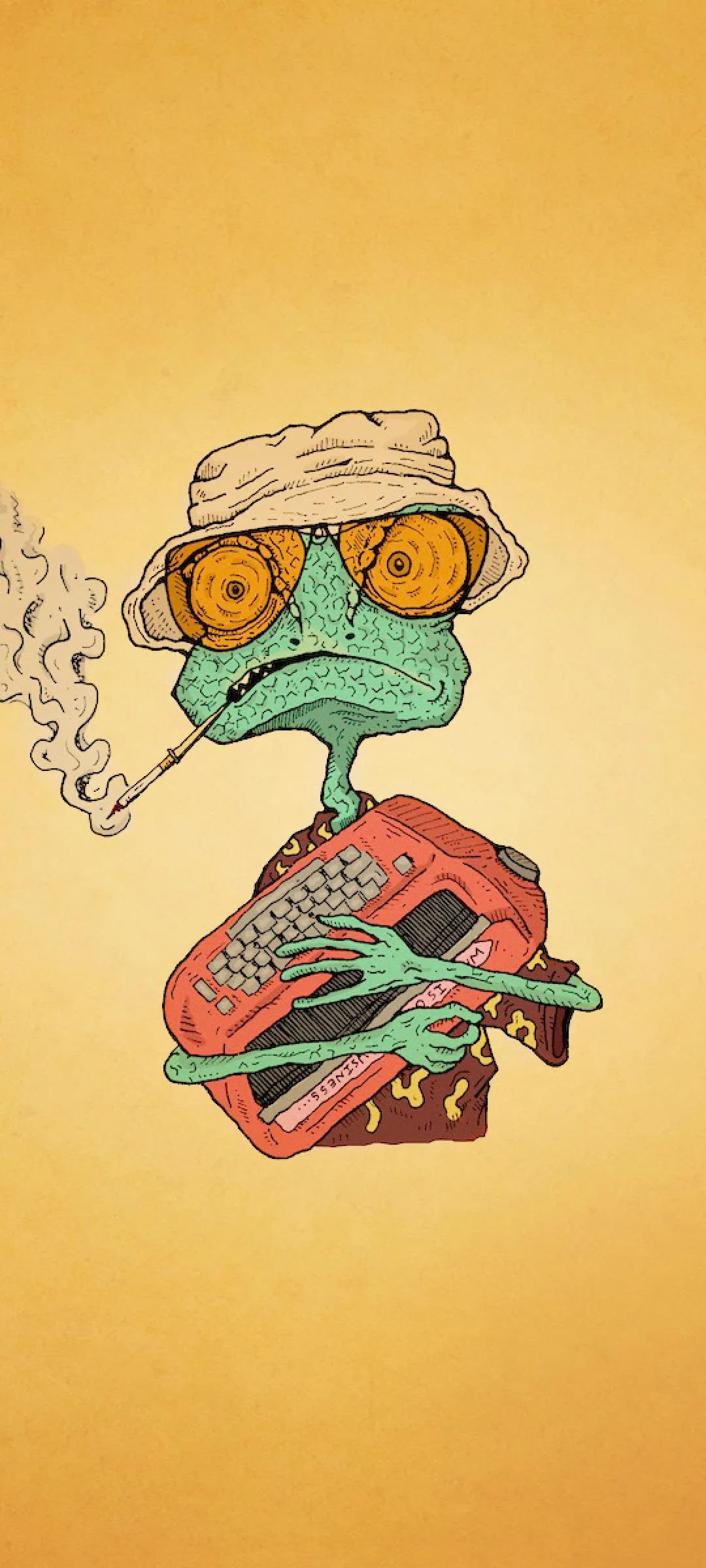 Retro cartoon alien smoking while holding a red keyboard