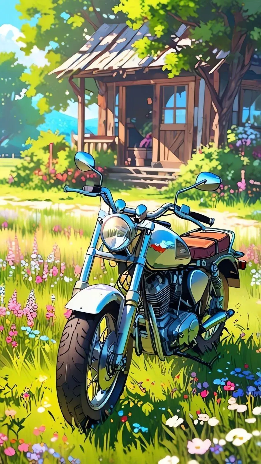 Retro Motorcycle near Cozy Countryside Wooden House