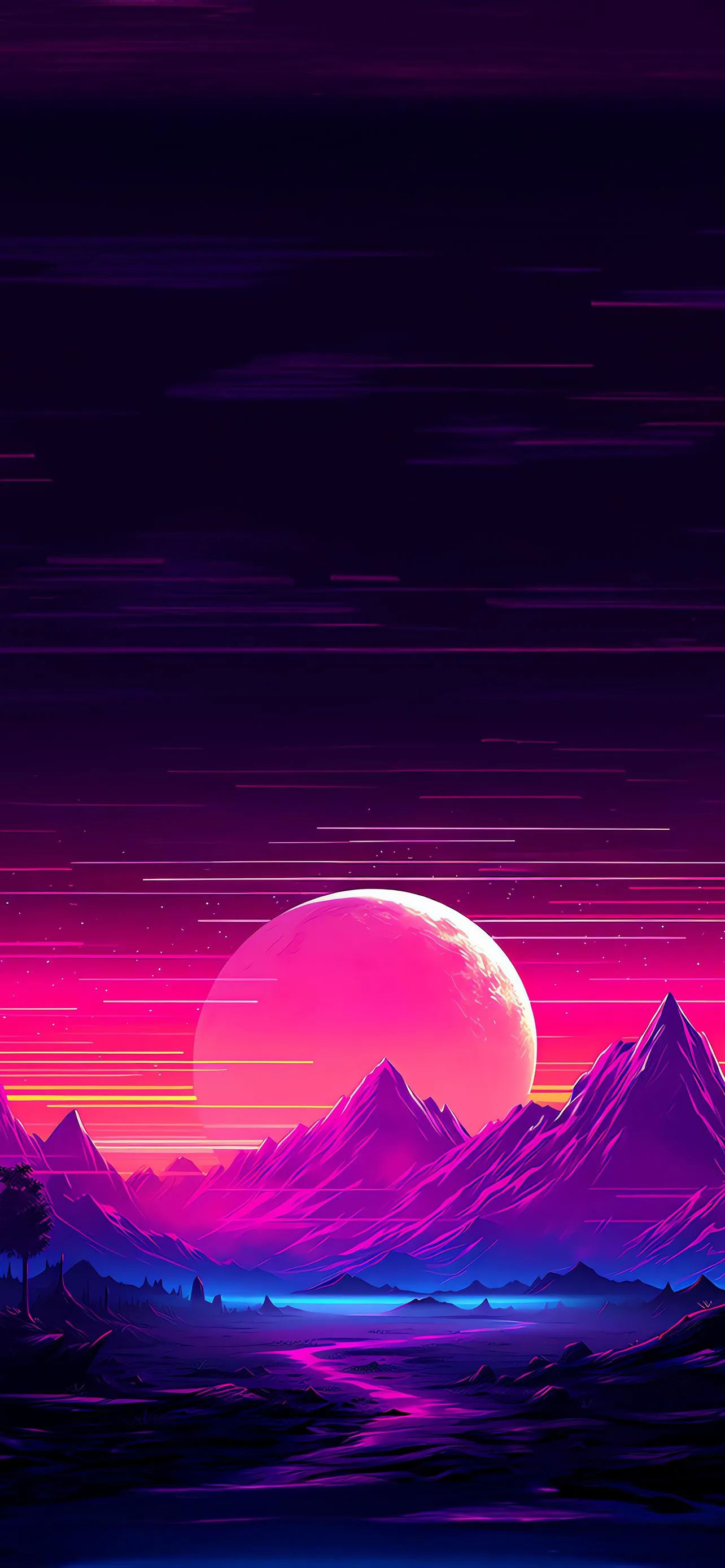 Retro Neon Sunset Landscape with Digital Mountains