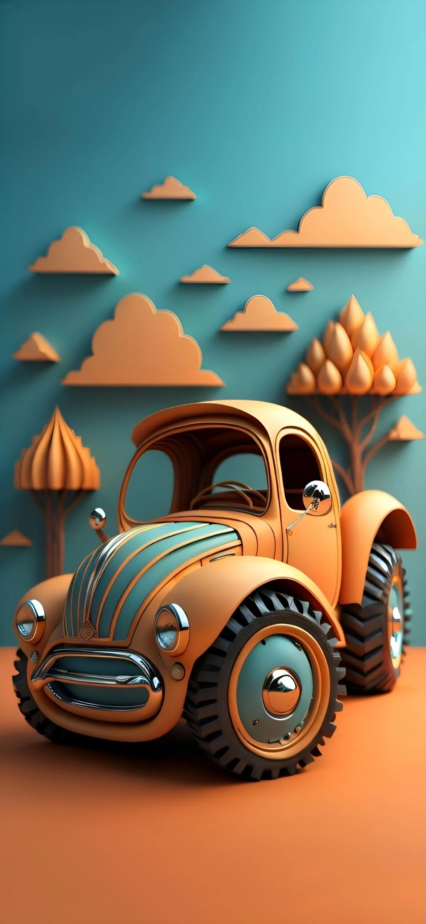 Retro Orange Car with Surfboards on Summer Background