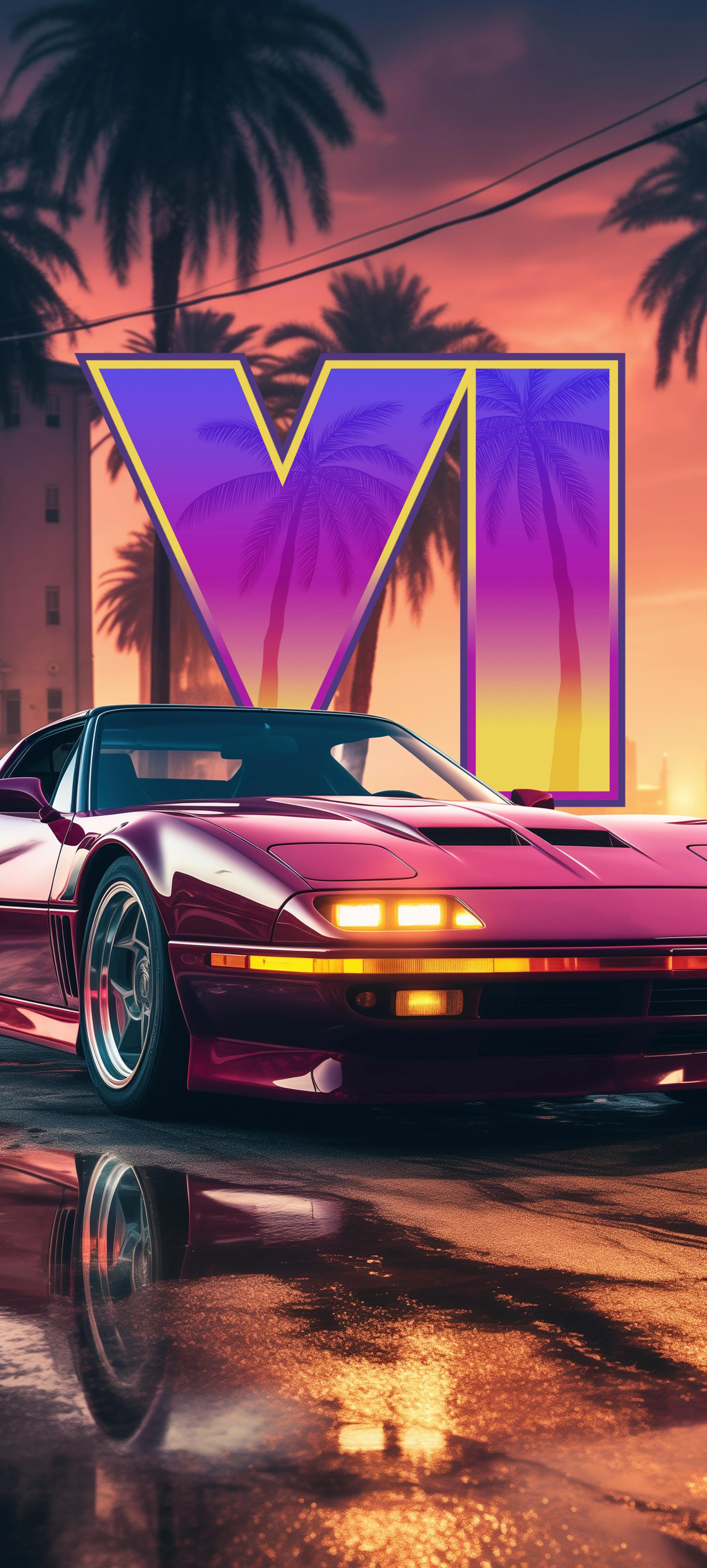 Retro Style Car with Palm Trees and Sunset Background