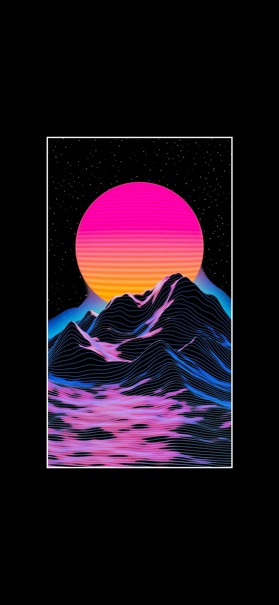 Retro Style Neon Pink and Purple Sunset Over Mountains