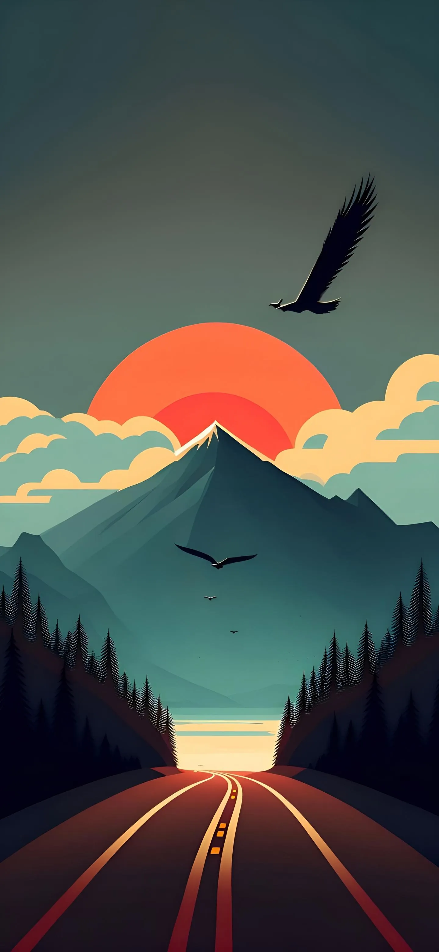 Retro Sunset Road Landscape With Flying Bird Artwork