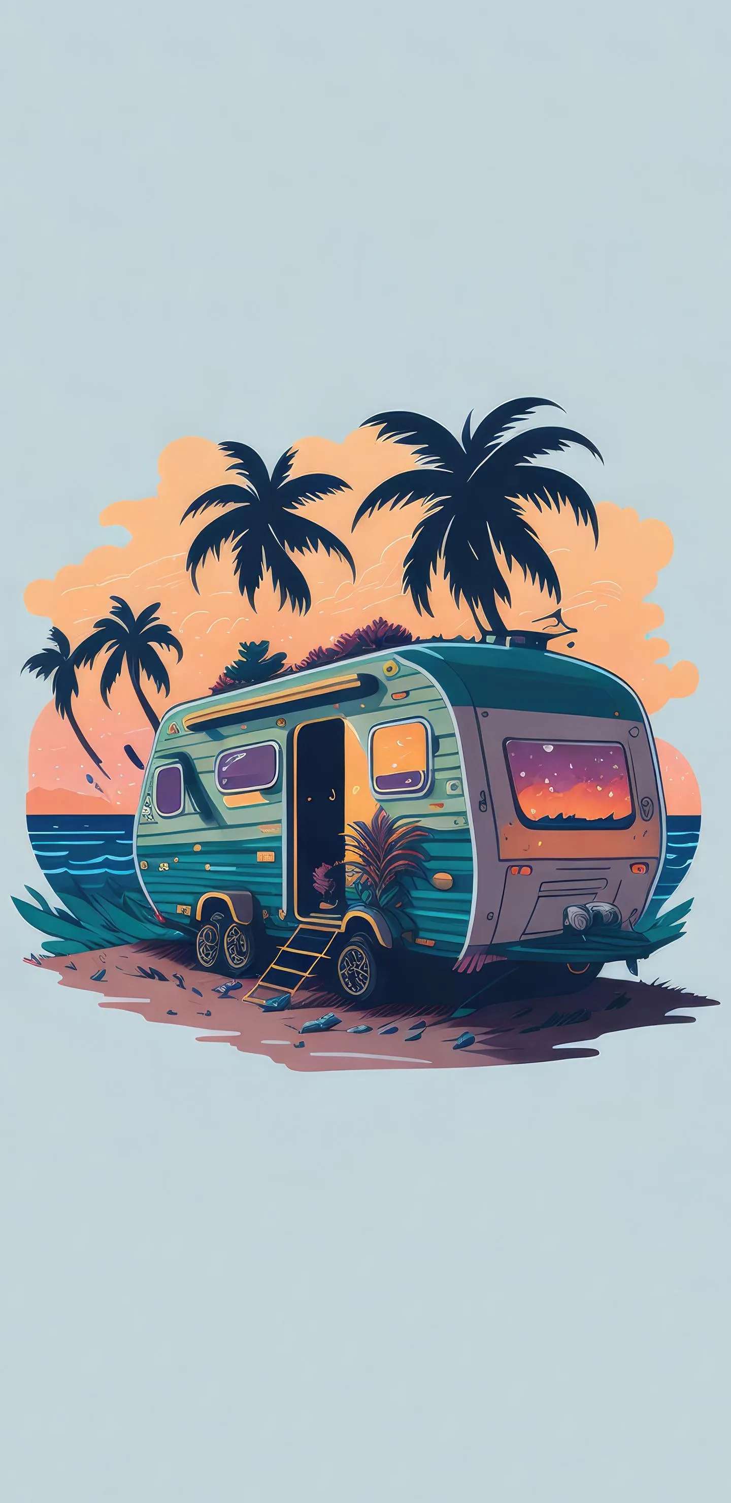 Retro Van Camping with Palm Trees by Ocean Wallpaper