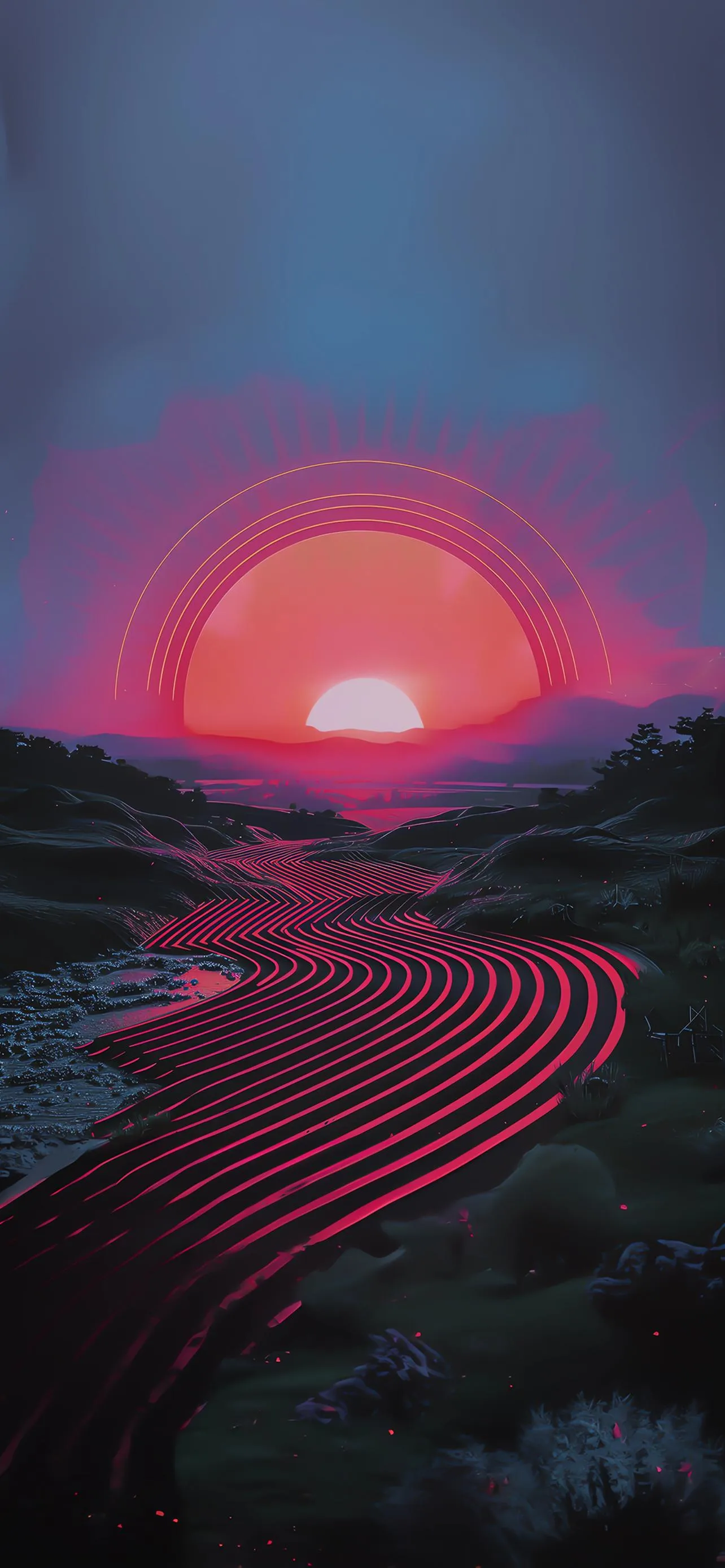 Road to Sunset through Red Landscape Mountains Wallpaper